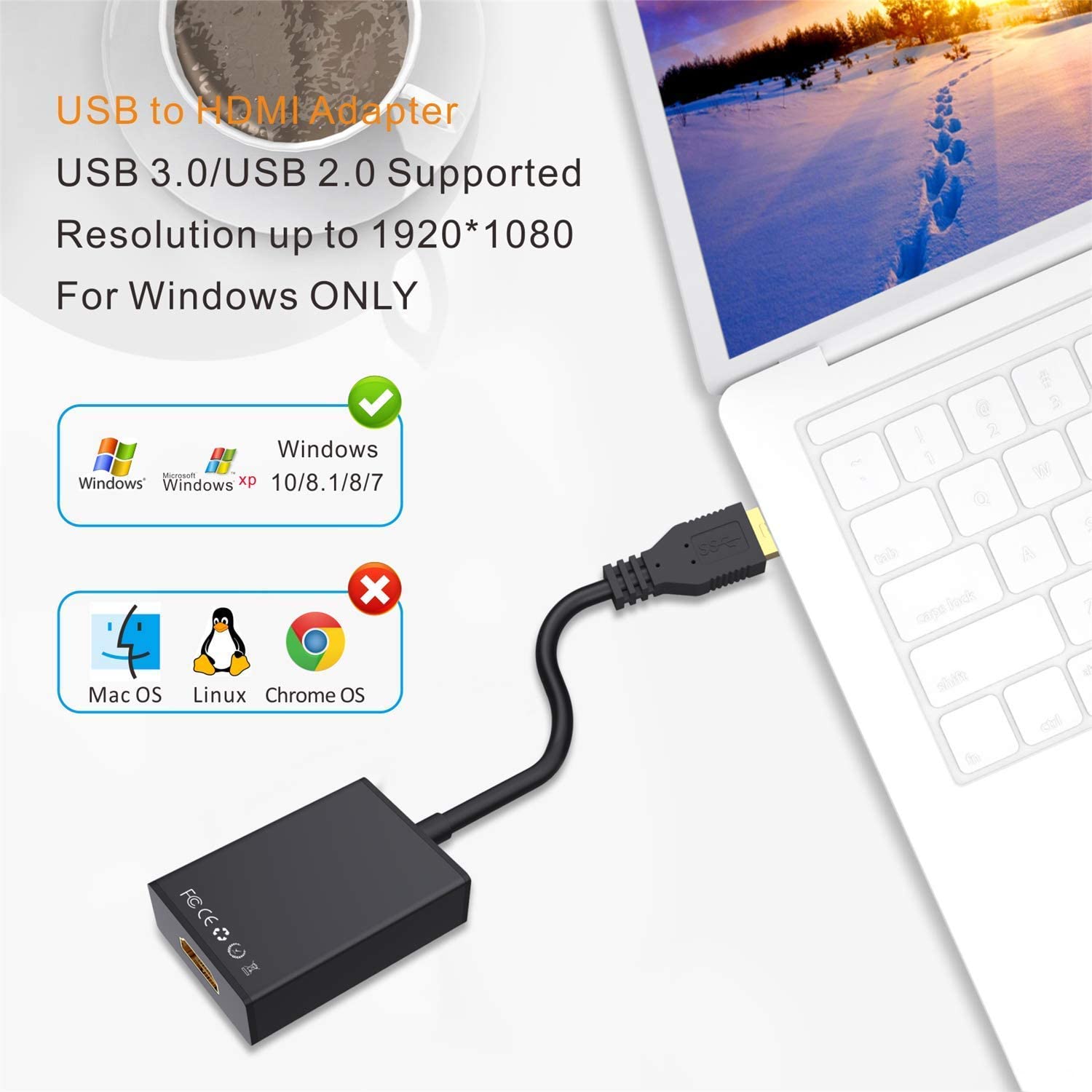 USB to HDMI Adapter,ABLEWE USB 3.0/2.0 to HDMI 1080P Video Graphics Cable Converter with Audio for PC Laptop Projector HDTV Compatible with Windows XP 7/8/8.1/10