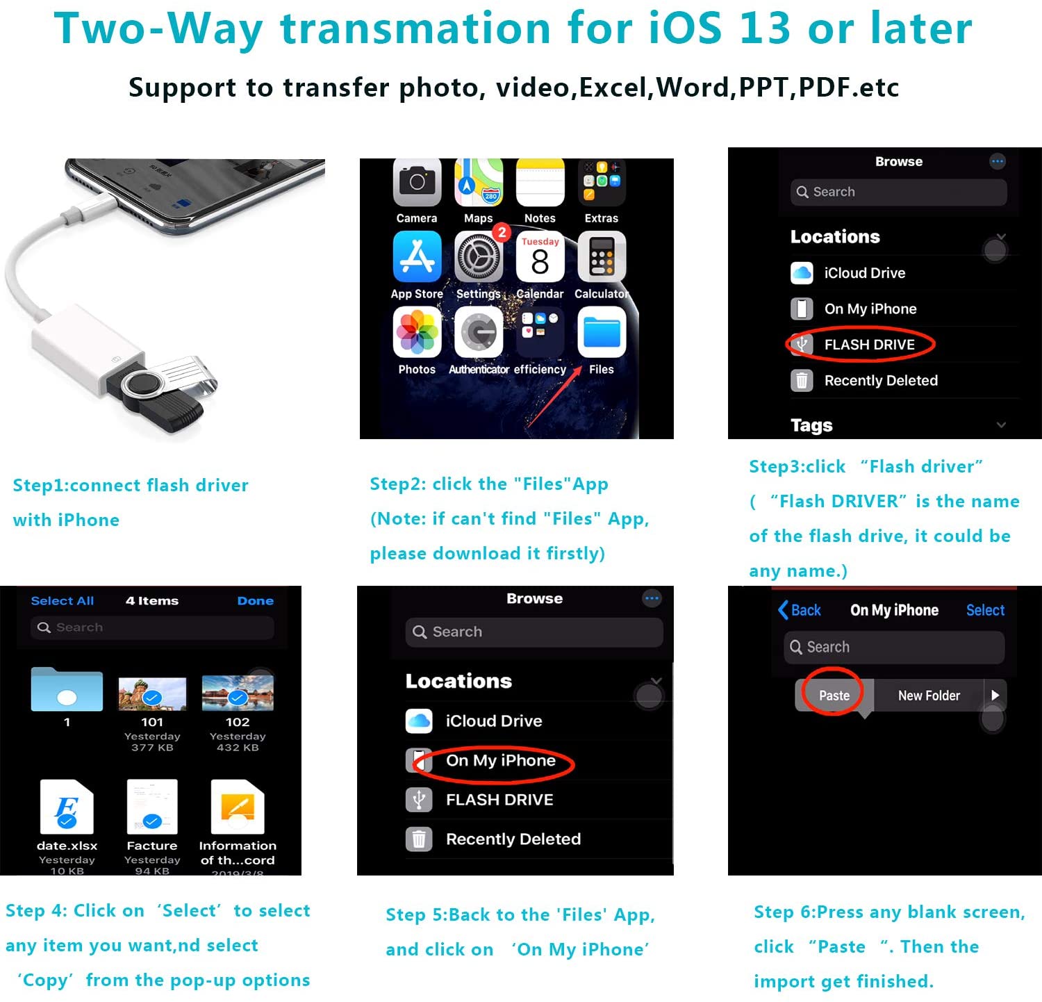 USB Camera Adapter, USB 2.0 Female OTG Adapter Compatible with Phone/Pad, Support Connect Camera, Card Reader, USB Flash Drive, Keyboard ,Support iOS 9.2 or Later, No APP Needed， Plug & Play -White