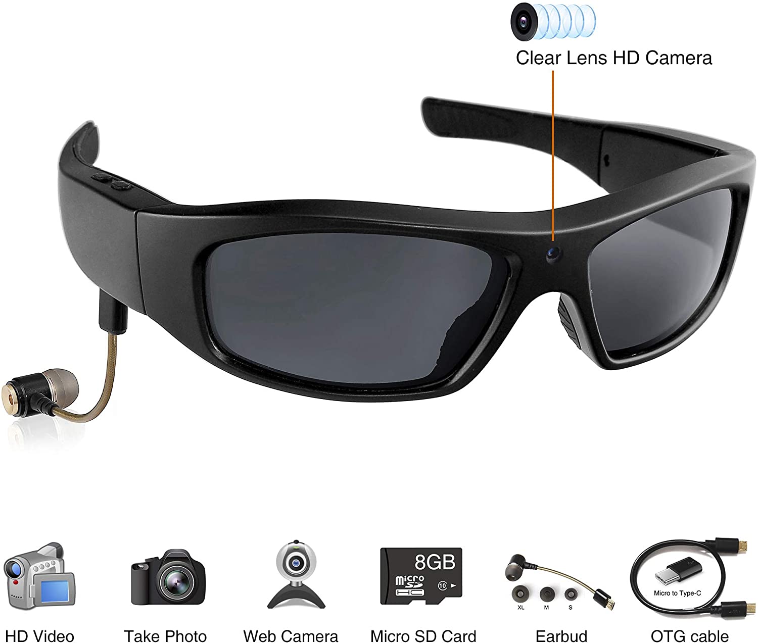Wearable Sport Camera Glasses with Wireless Headset Video Sunglasses HD Video Glasses for Android Smartphone TR90 Glasses Frame with Polarized UV400 Lenses