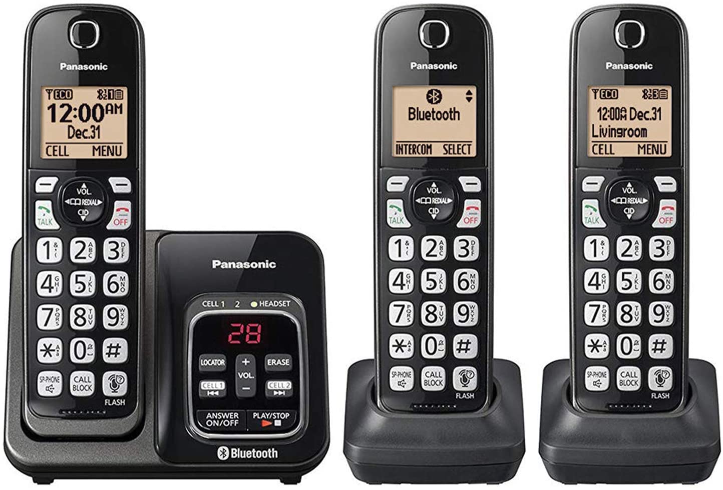 Panasonic KX-TG833SK Link2Cell Bluetooth with Talking Caller ID 3 Handset Cordless Phone (Renewed)