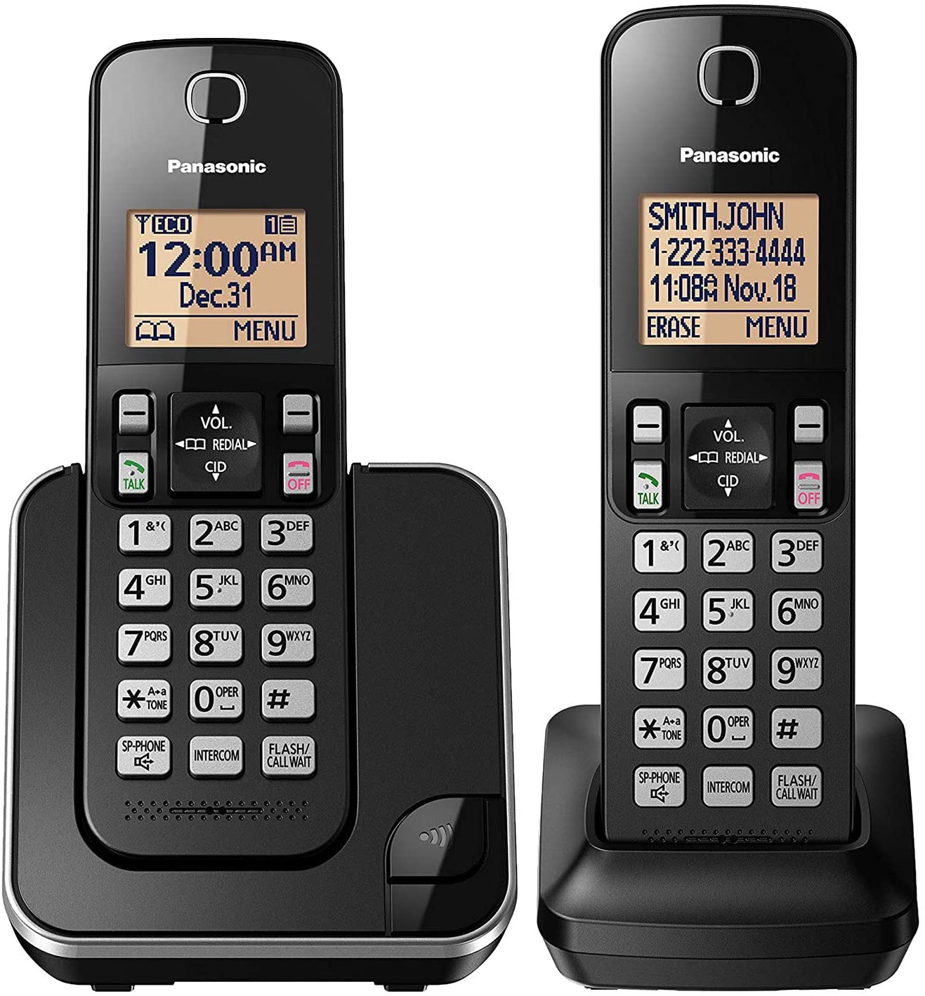 Panasonic Expandable Cordless Phone System with Amber Backlit Display – 2 Handsets – KX-TGC352B (Black)
