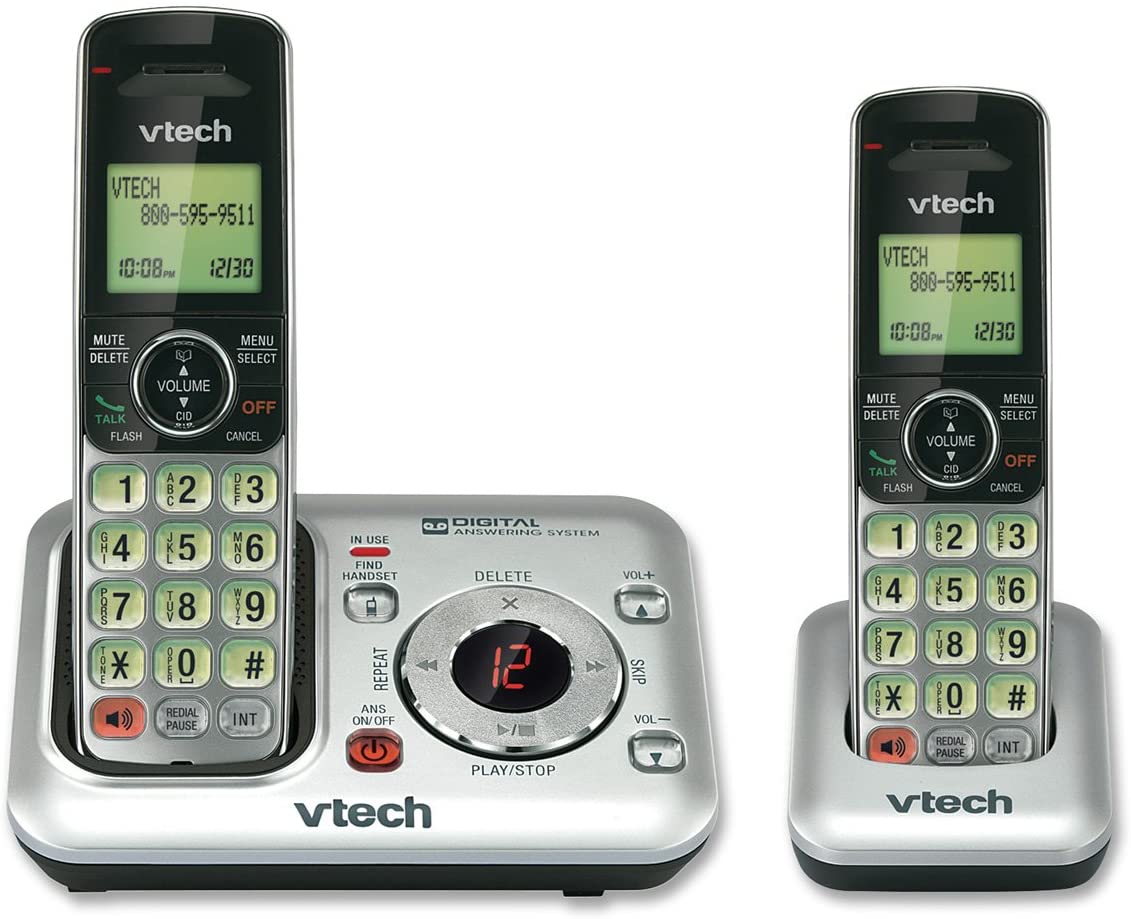 VTech CS6429-2 2-Handset DECT 6.0 Cordless Phone with Answering System and Caller ID, Expandable up to 5 Handsets, Wall-Mountable, Silver/Black