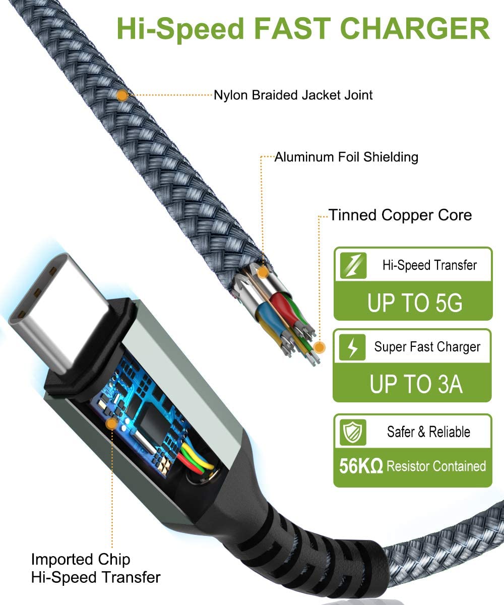 BrexLink USB 3.0 Type C Cable, USB C to USB A Charger Cable (2m 2-Pack) Charging for Samsung Galaxy S10 S9 S8 A3 A5 Note 8 9 10, Huawei P10 P9 P20 Pro, Google Pixel, LG V30 G6 (Grey)