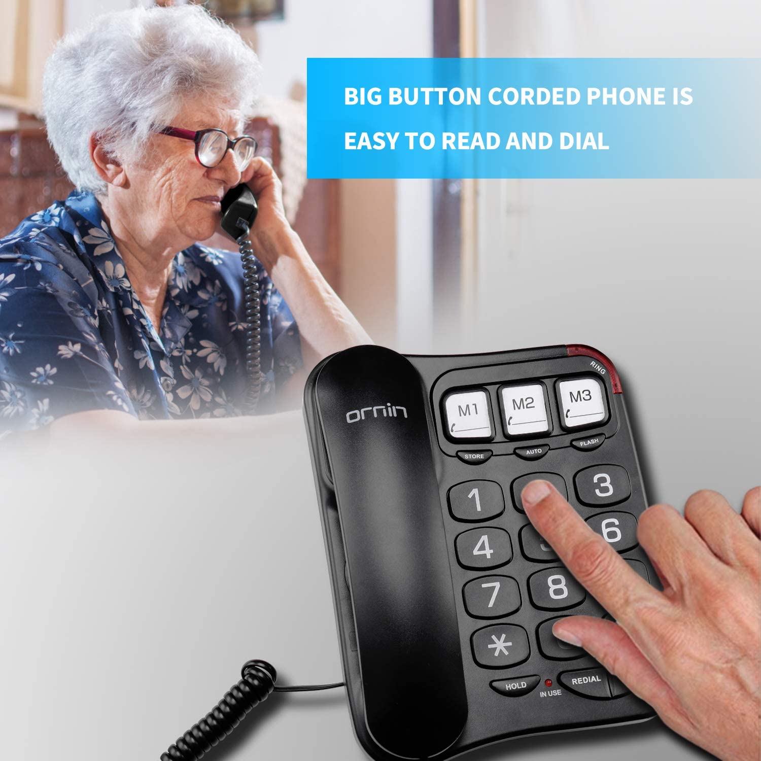 Ornin S016 Big Button Corded Telephone with Speaker, Hearing Aid Compatible for Seniors (Black)