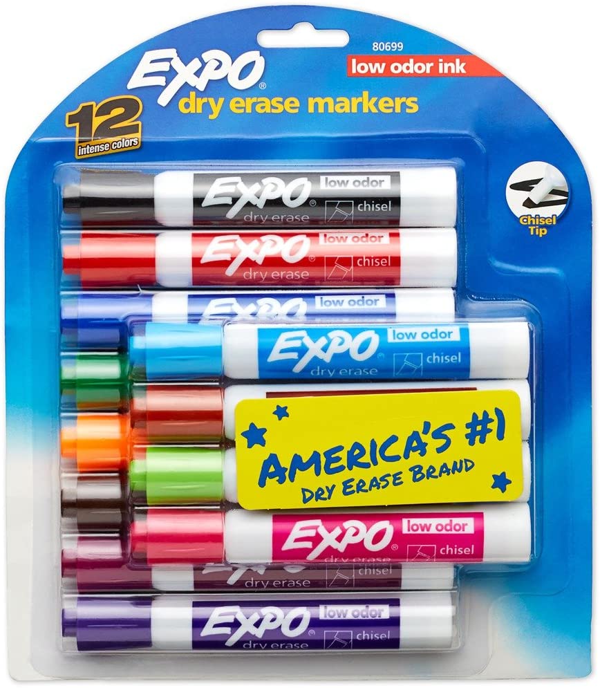 EXPO Low Odor Dry Erase Markers, Chisel Tip, Assorted Colors, 12 Count