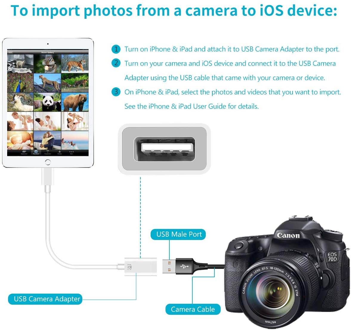 USB Camera Adapter, USB 2.0 Female OTG Adapter Compatible with Phone/Pad, Support Connect Camera, Card Reader, USB Flash Drive, Keyboard ,Support iOS 9.2 or Later, No APP Needed， Plug & Play -White