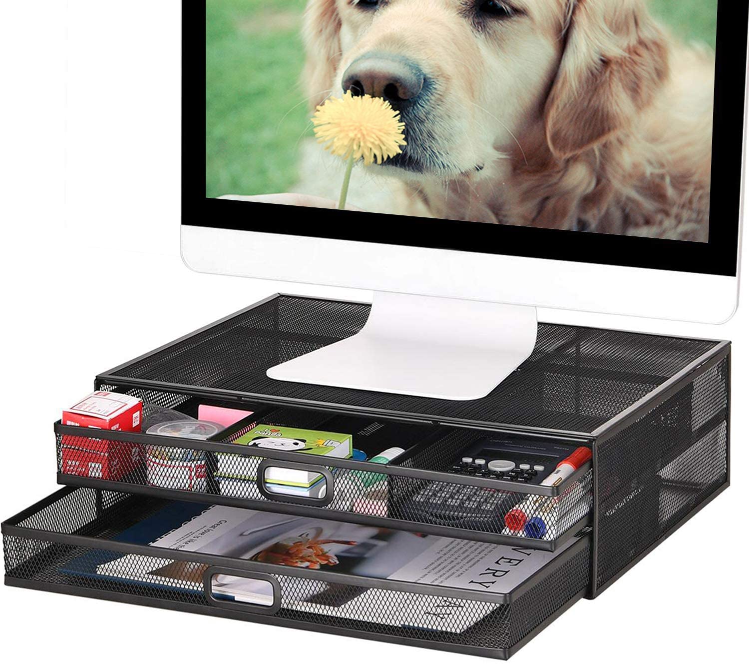 Monitor Stand Riser with Drawer - Metal Mesh Desk Organizer with Dual Pull Out Storage Drawer,Office Supply for Computer, PC, Laptop, Printer, Notebook, iMac (Black)