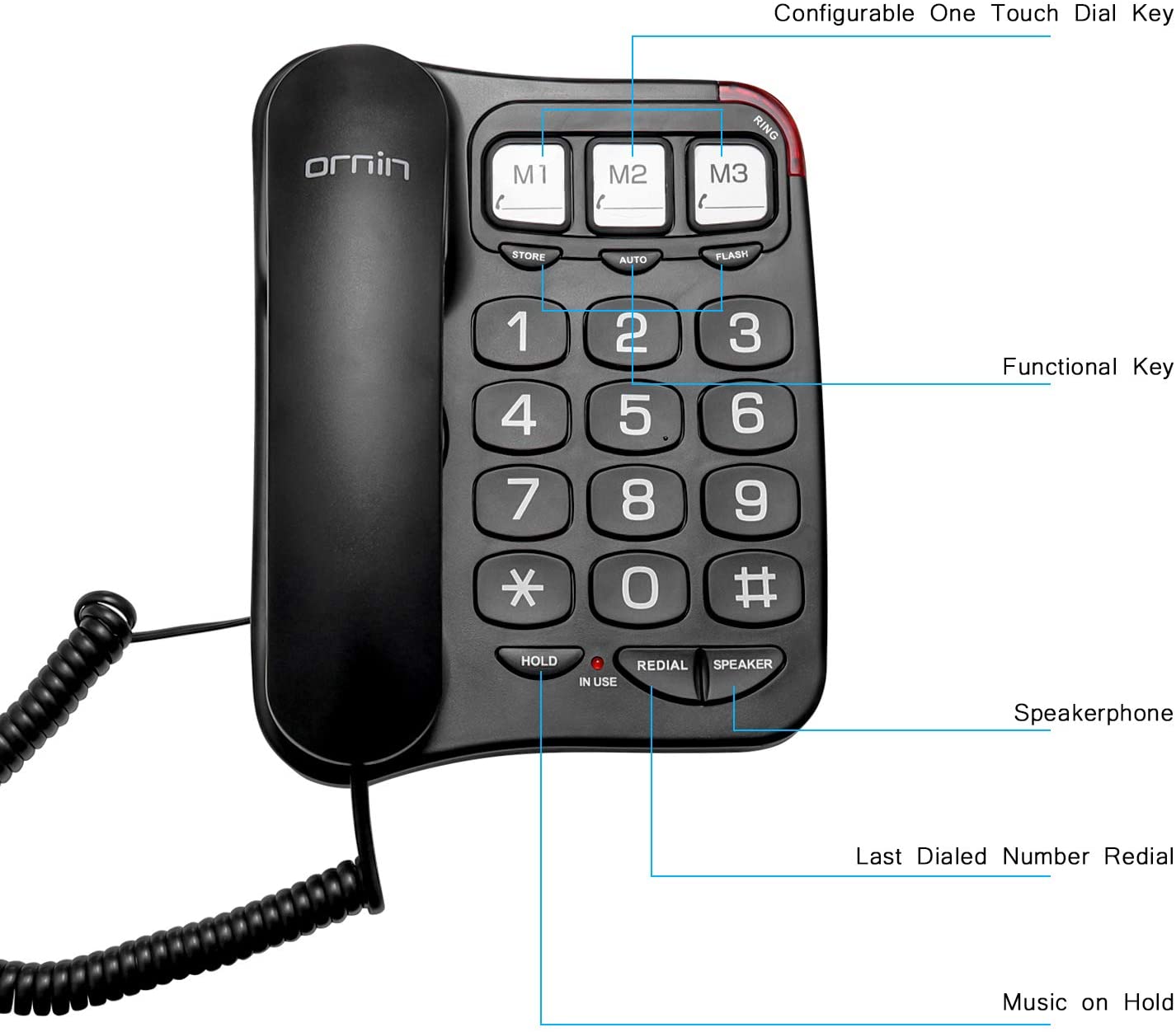 Ornin S016 Big Button Corded Telephone with Speaker, Hearing Aid Compatible for Seniors (Black)