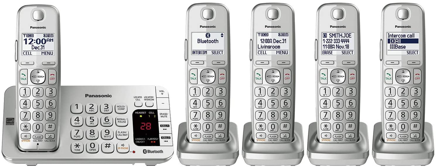 Panasonic Link2Cell Bluetooth Cordless DECT 6.0 Expandable Phone System with Answering Machine and Enhanced Noise Reduction - 5 Handsets - KX-TGE475S (Silver)