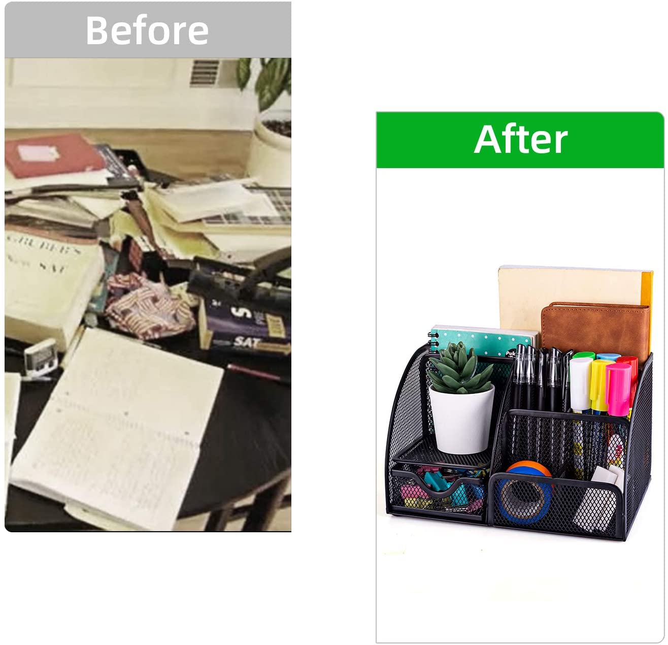 MDHAND Office Desk Organizer and Accessories, Mesh Desk Organizer with 6 Compartments + Drawer