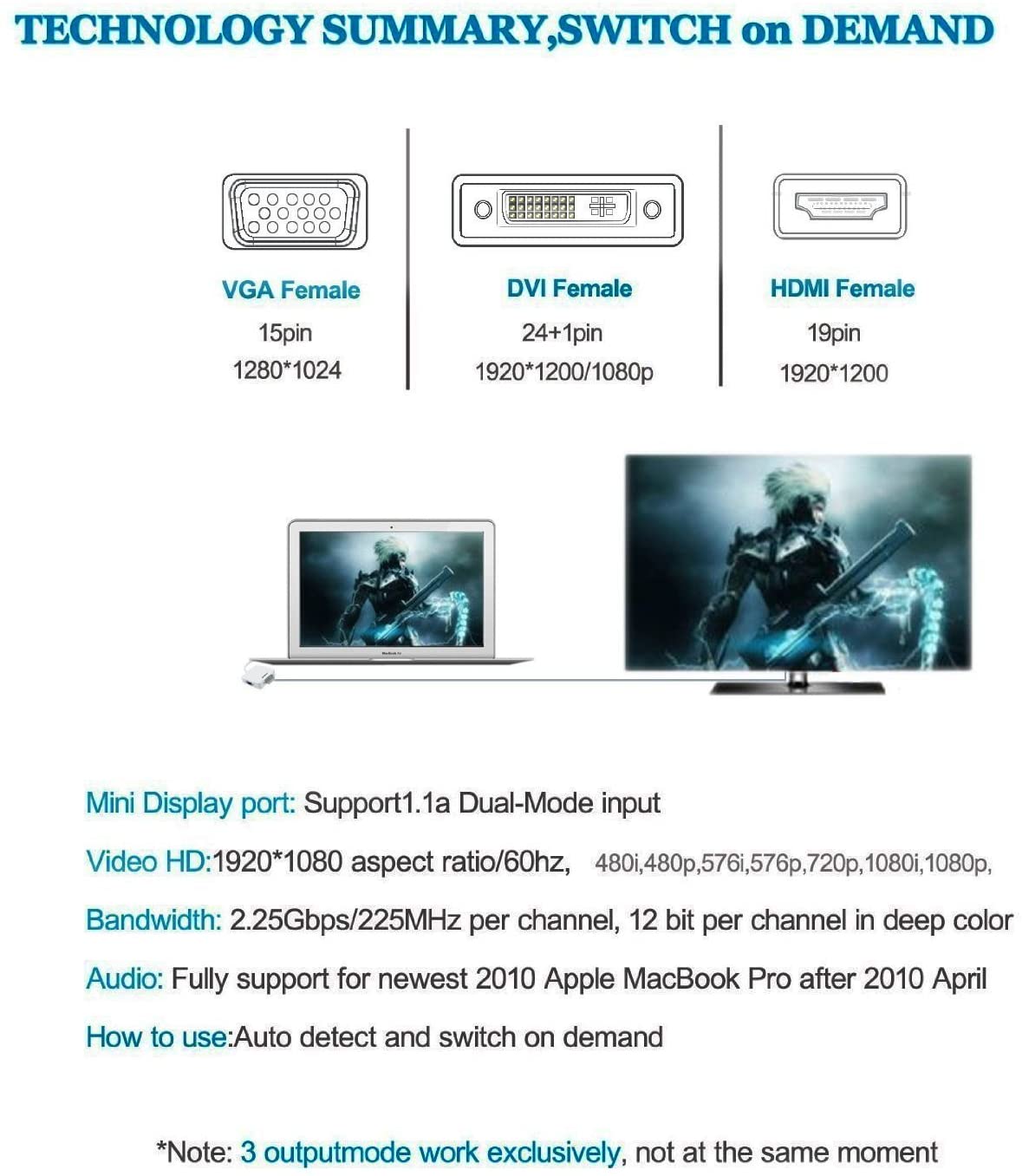 TOPOINT 3 in 1 Mini Displayport DP Thunderbolt to HDMI DVI VGA Adapter Converter Cable for MacBook Air, Old MacBook/MacBook Pro Before Mid 2015