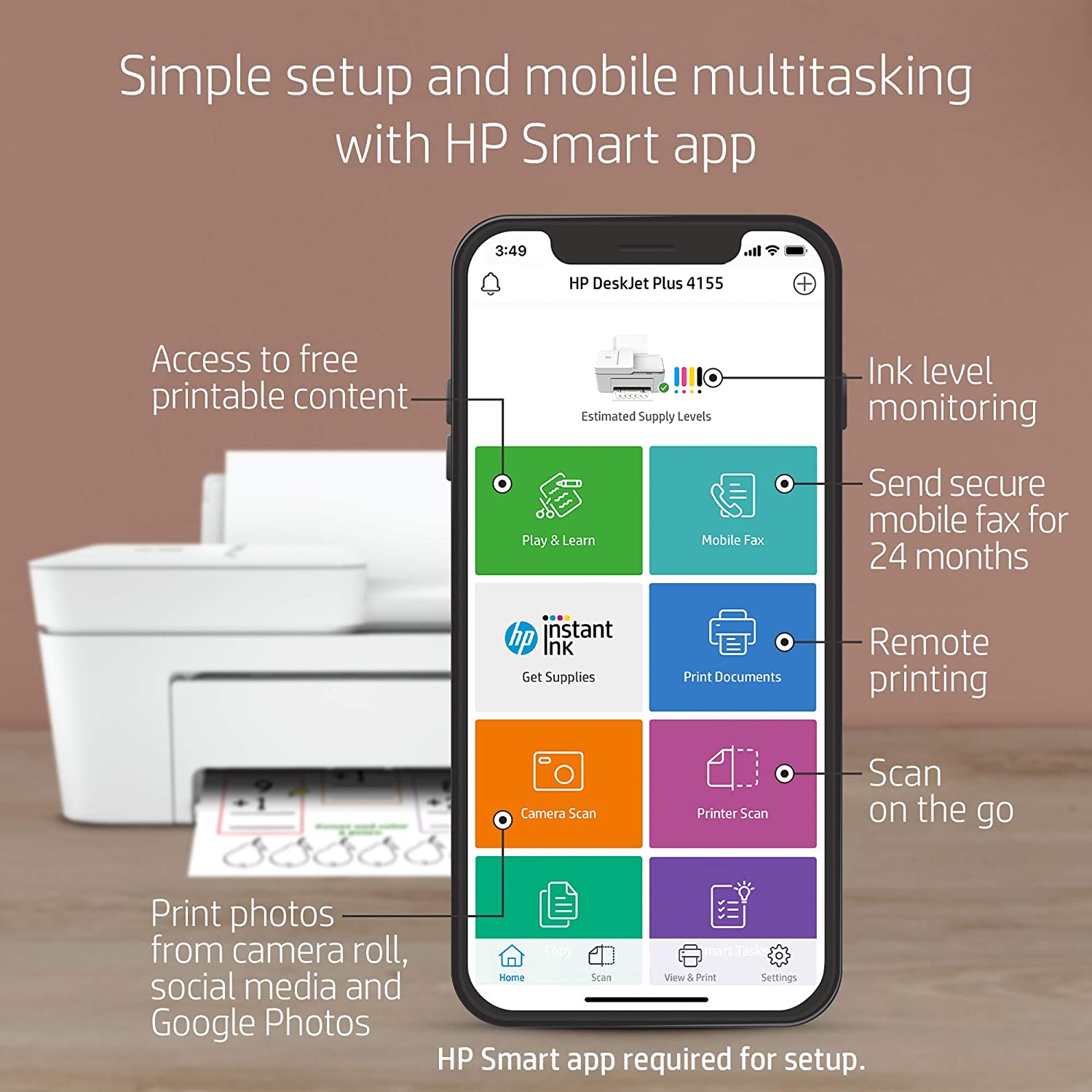HP DeskJet Plus 4155 Wireless All-in-One Printer | Mobile Print, Scan & Copy | HP Instant Ink Ready | Auto Document Feeder (3XV13A)