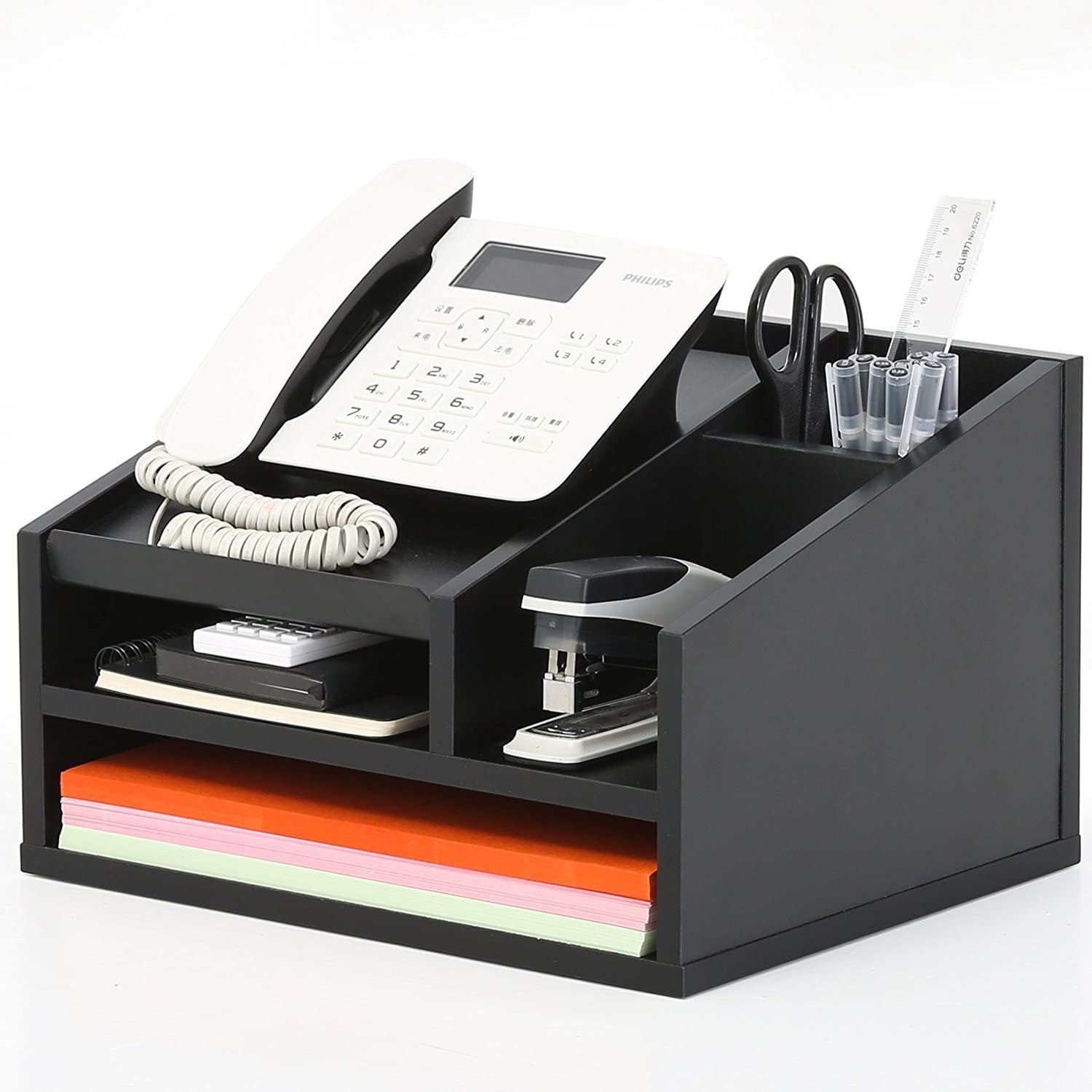 FITUEYES Wood Office Suppies Desk Organizer 5 Compartments with Letter Tray Phone Stand Pen Pencil Holder