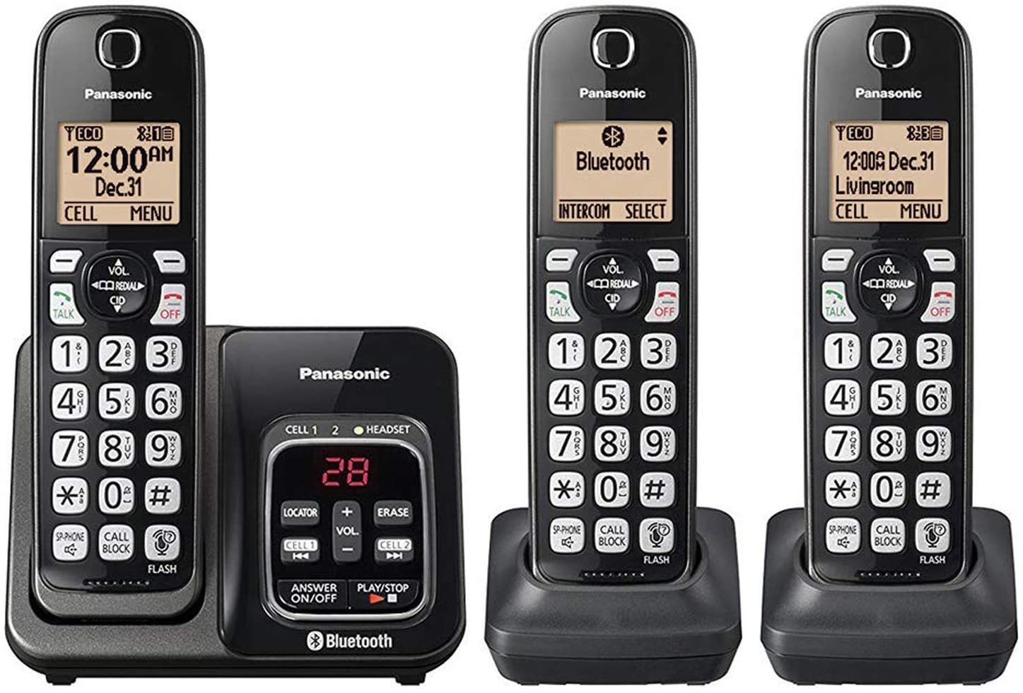 Panasonic KX-TG833SK Bluetooth Link2Cell Cordless Phone with Voice Assist and Answering Machine = 3 Handsets