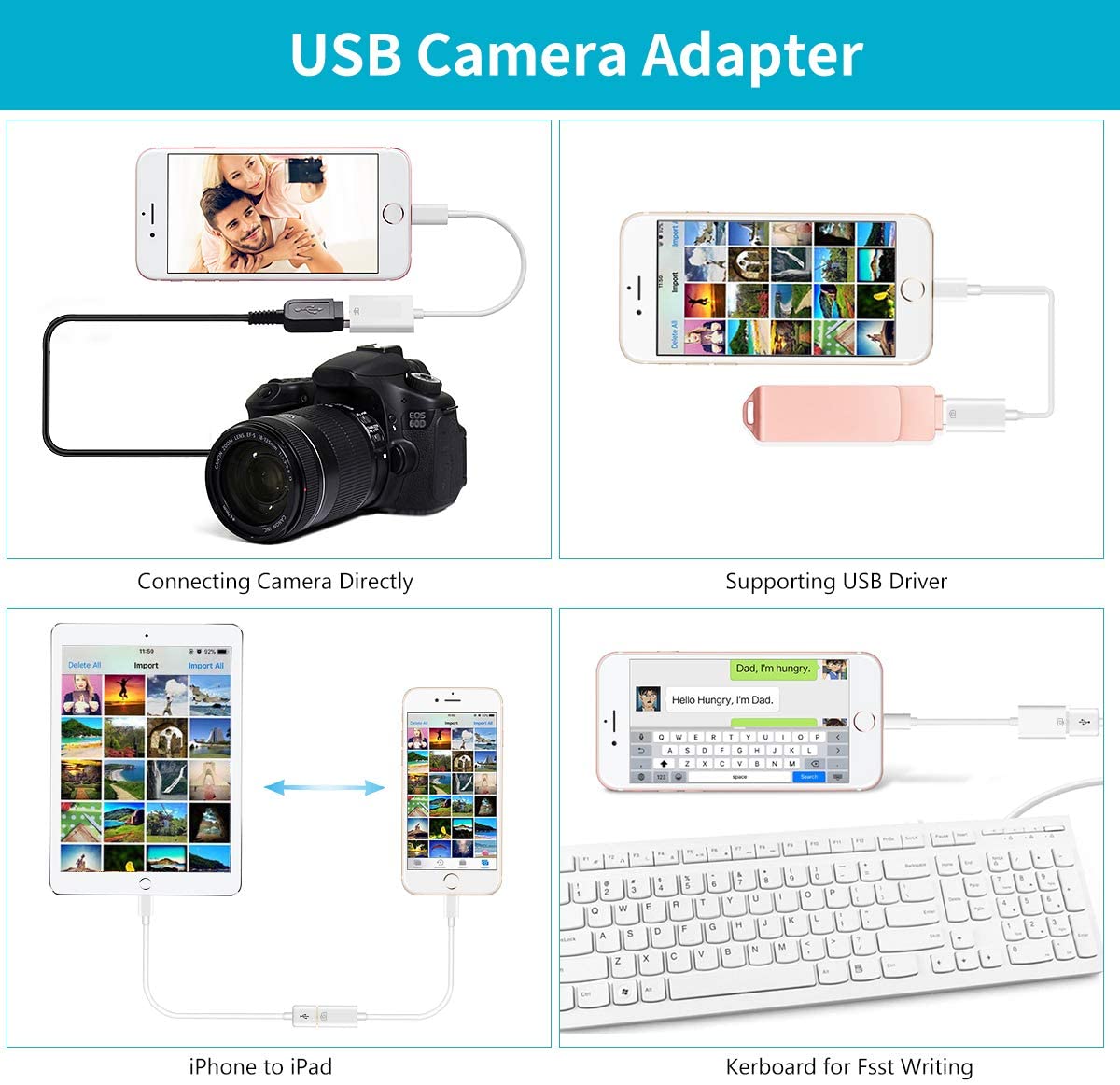 USB Camera Adapter, USB 2.0 Female OTG Adapter Compatible with Phone/Pad, Support Connect Camera, Card Reader, USB Flash Drive, Keyboard ,Support iOS 9.2 or Later, No APP Needed， Plug & Play -White