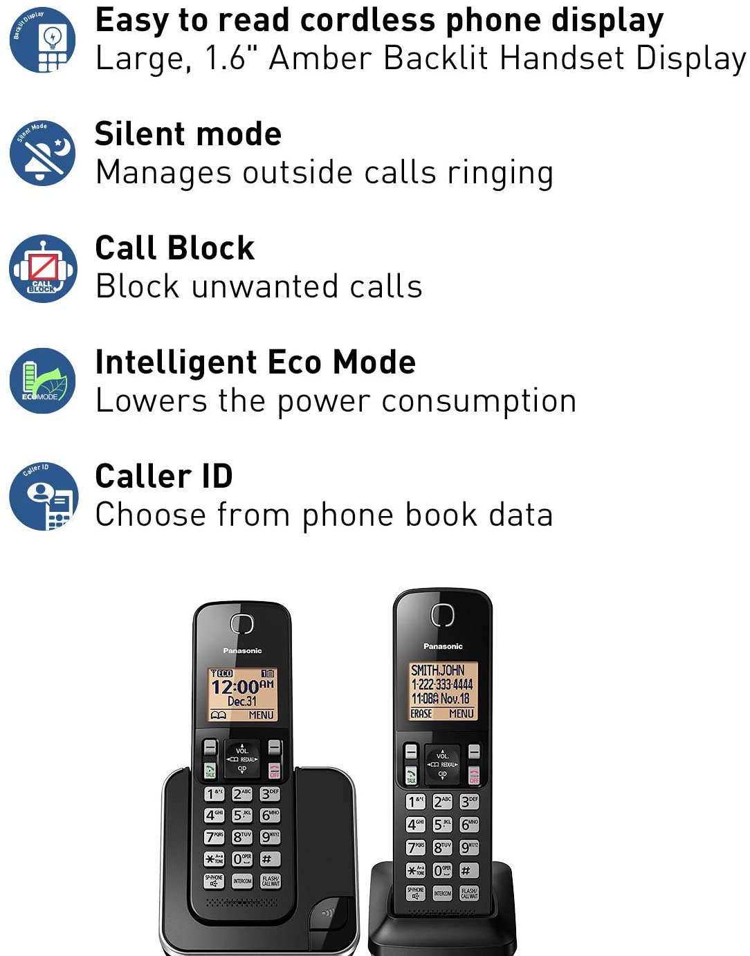 Panasonic Expandable Cordless Phone System with Amber Backlit Display – 2 Handsets – KX-TGC352B (Black)
