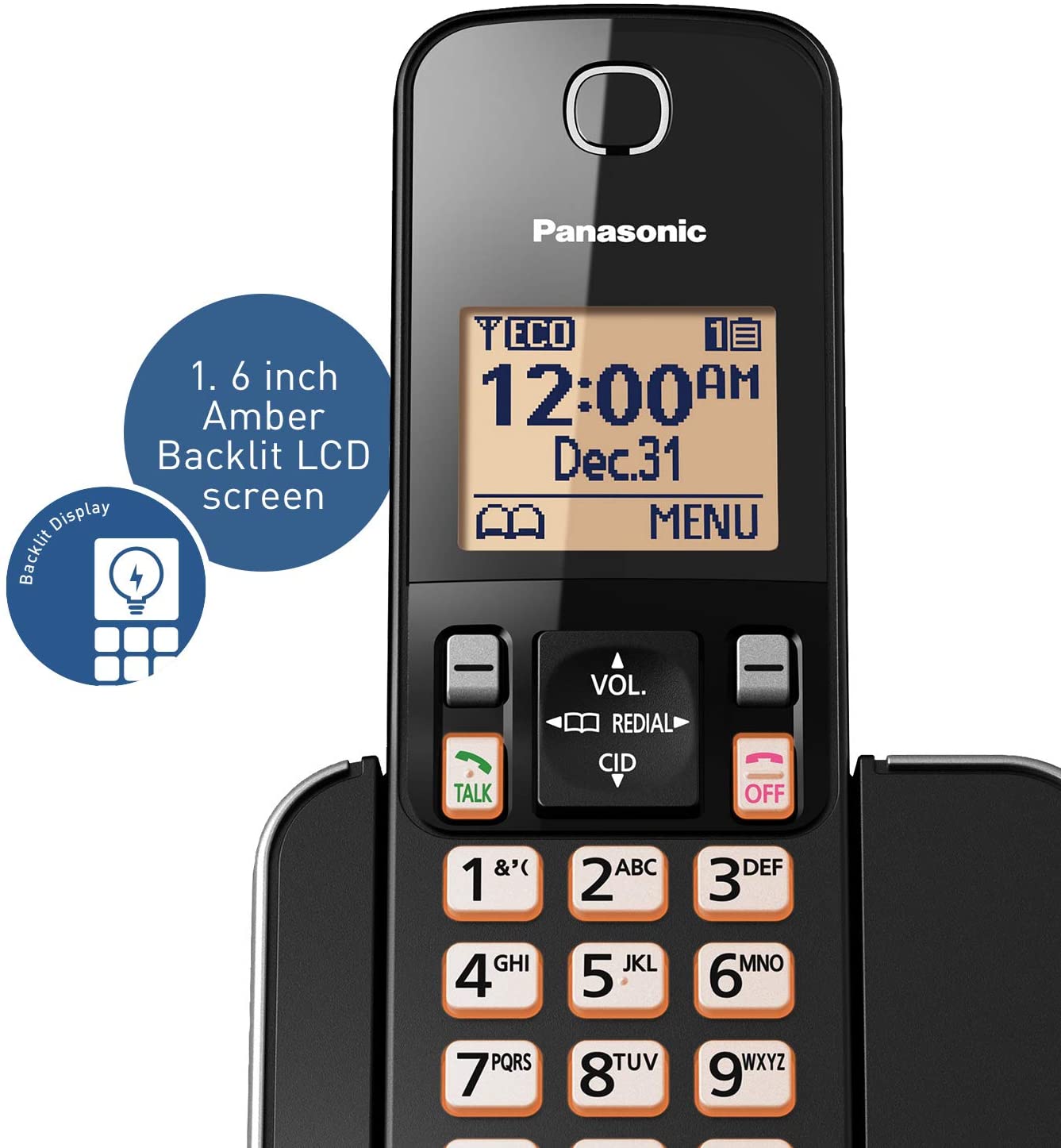 Panasonic Expandable Cordless Phone System with Amber Backlit Display – 2 Handsets – KX-TGC352B (Black)