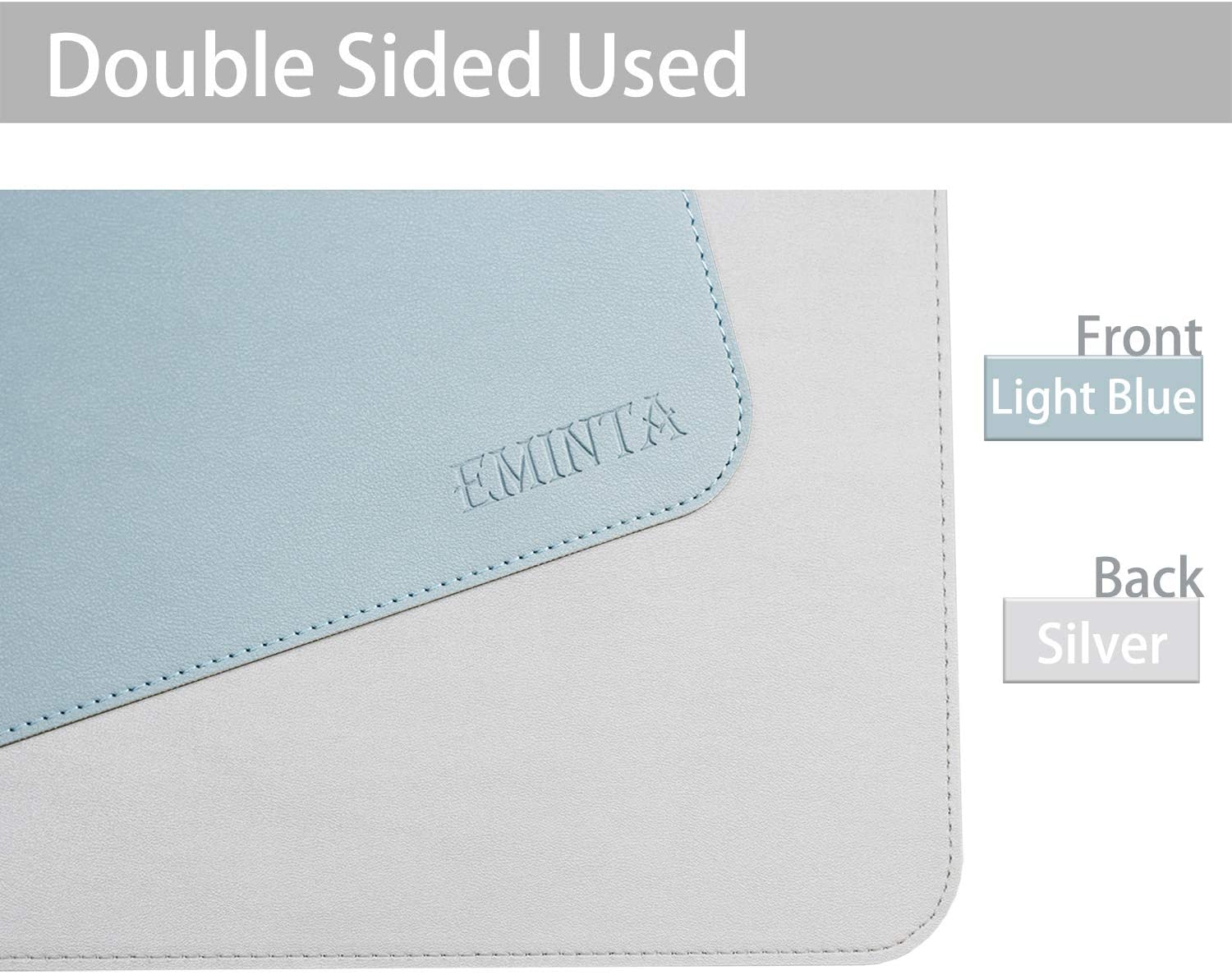 Dual-Sided Desk Pad Office Desk Mat, EMINTA Ultra Thin Waterproof PU Leather Mouse Pad Desk Blotter Protector, Desk Writing Mat for Office/Home (Light Blue/Silver, 31.5