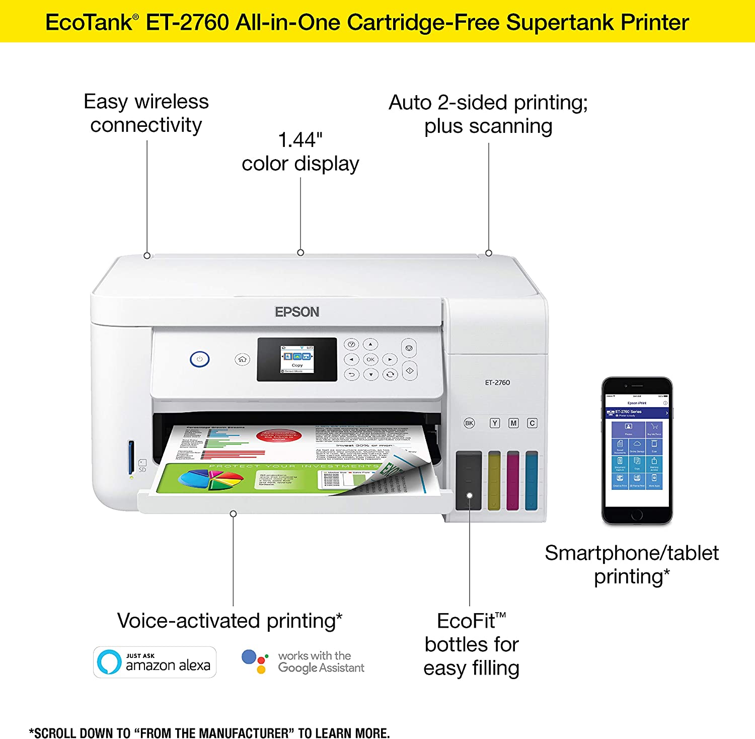 Epson EcoTank ET-2760 Wireless Color All-in-One Cartridge-Free Supertank Printer with Scanner and Copier