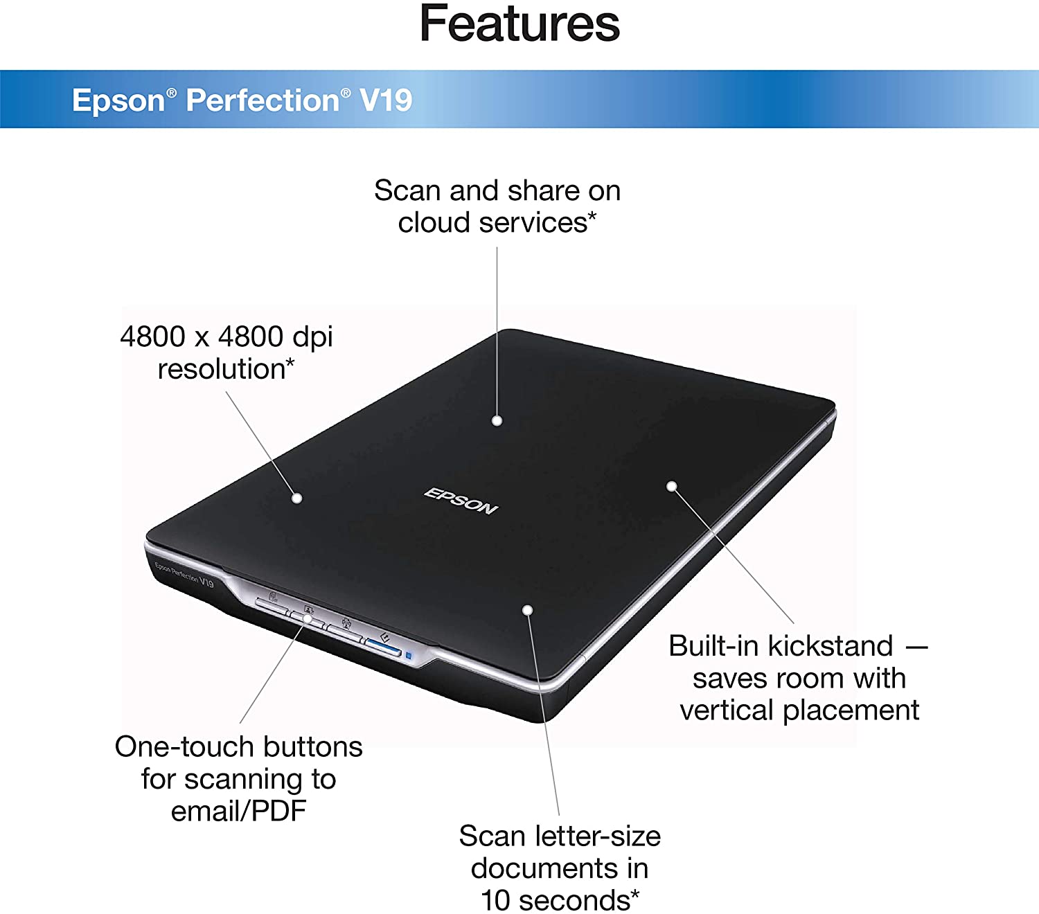 Epson Perfection V19 Color Photo & Document Scanner with scan-to-cloud & 4800 dpi optical resolution