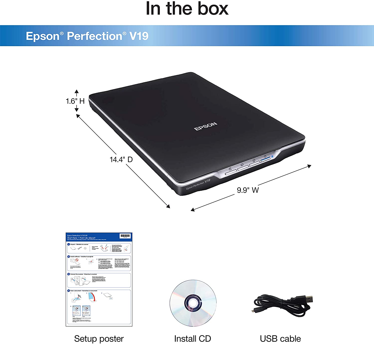 Epson Perfection V19 Color Photo & Document Scanner with scan-to-cloud & 4800 dpi optical resolution