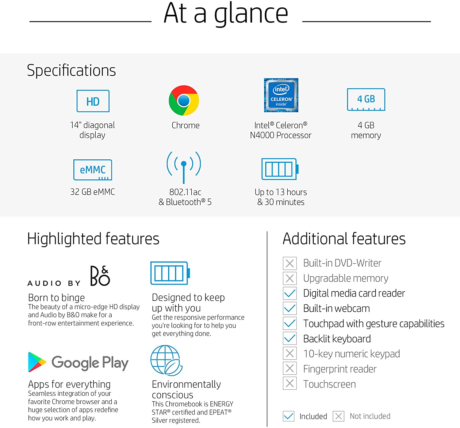 HP Chromebook 14-Inch HD Laptop, Intel Celeron N4000, 4 GB RAM, 32 GB eMMC, Chrome (14a-na0020nr, Ceramic White)
