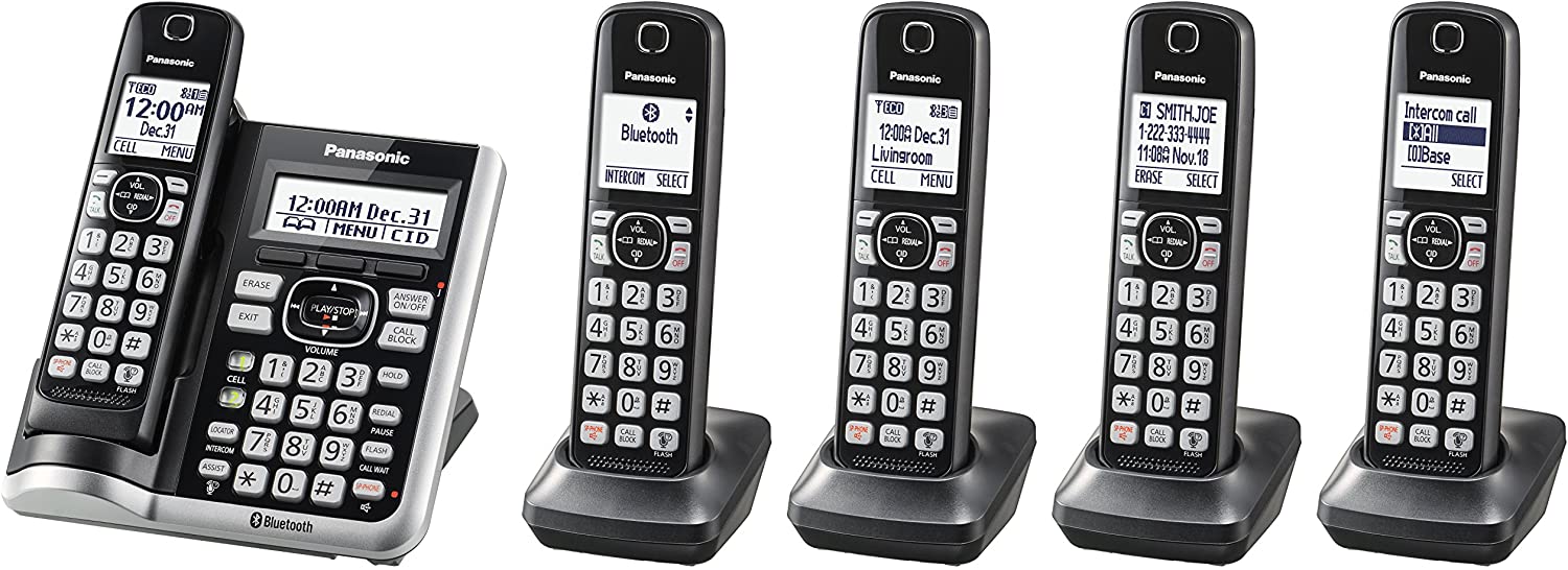 Panasonic Link2Cell Bluetooth Cordless Phone System with Voice Assistant, Call Blocking and Answering Machine. DECT 6.0 Expandable Cordless System - 5 Handsets - KX-TGF575S (Silver)
