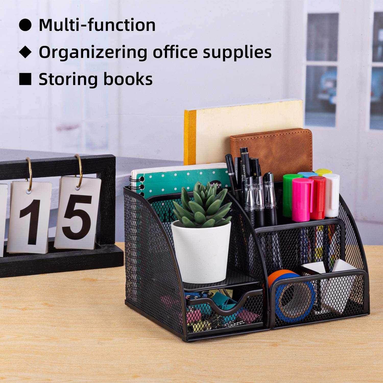 MDHAND Office Desk Organizer and Accessories, Mesh Desk Organizer with 6 Compartments + Drawer