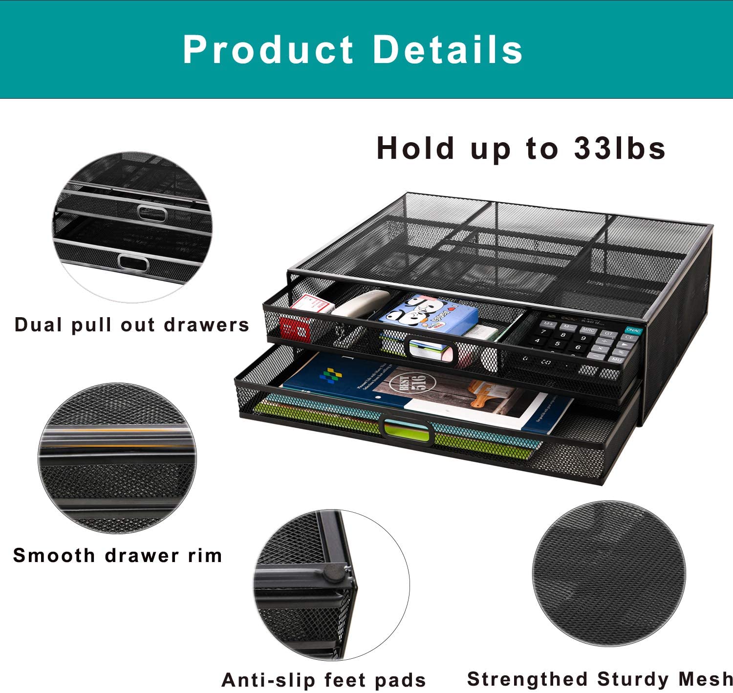 Monitor Stand Riser with Drawer - Metal Mesh Desk Organizer with Dual Pull Out Storage Drawer,Office Supply for Computer, PC, Laptop, Printer, Notebook, iMac (Black)
