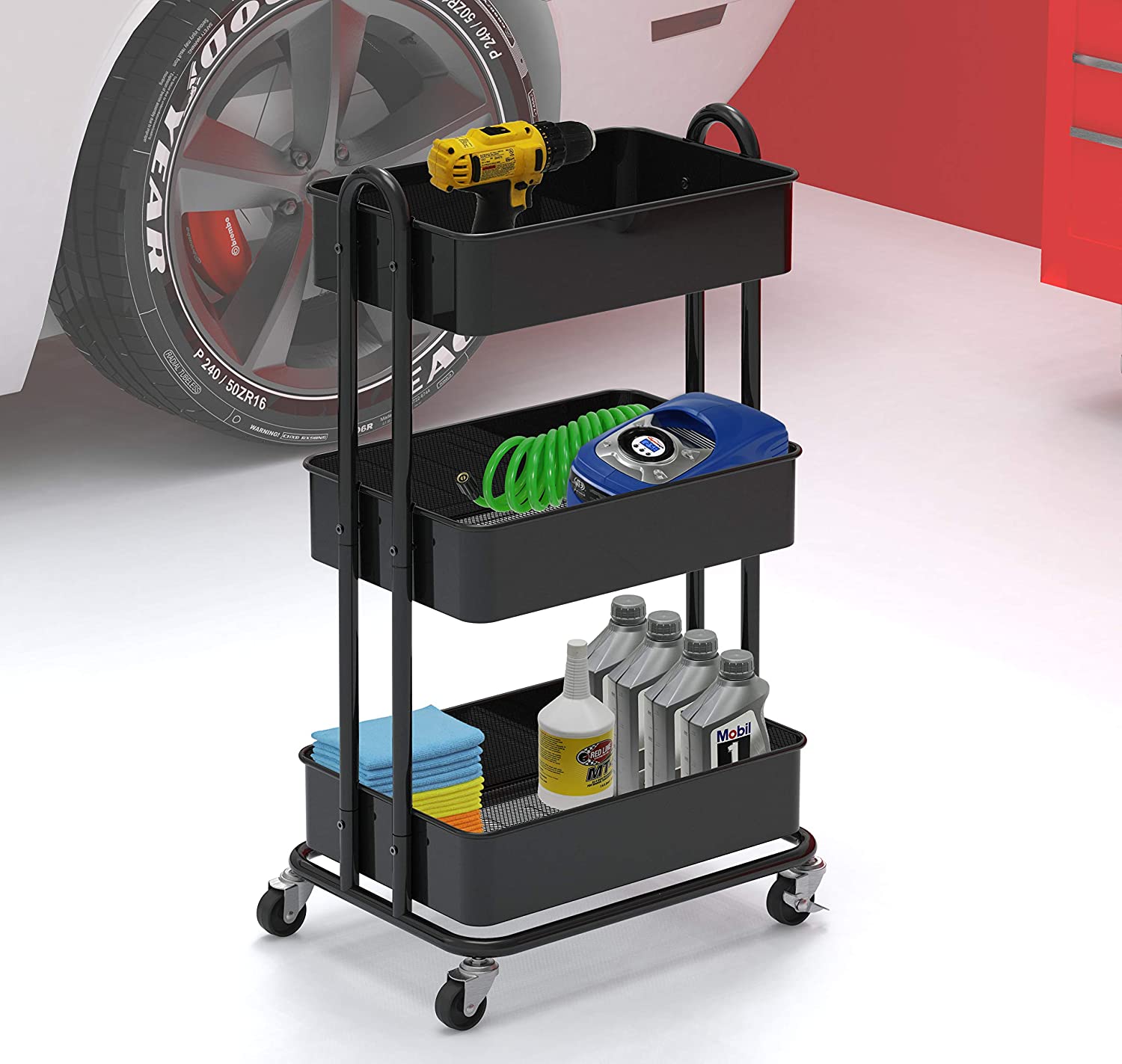 SimpleHouseware Heavy Duty 3-Tier Metal Utility Rolling Cart, Black
