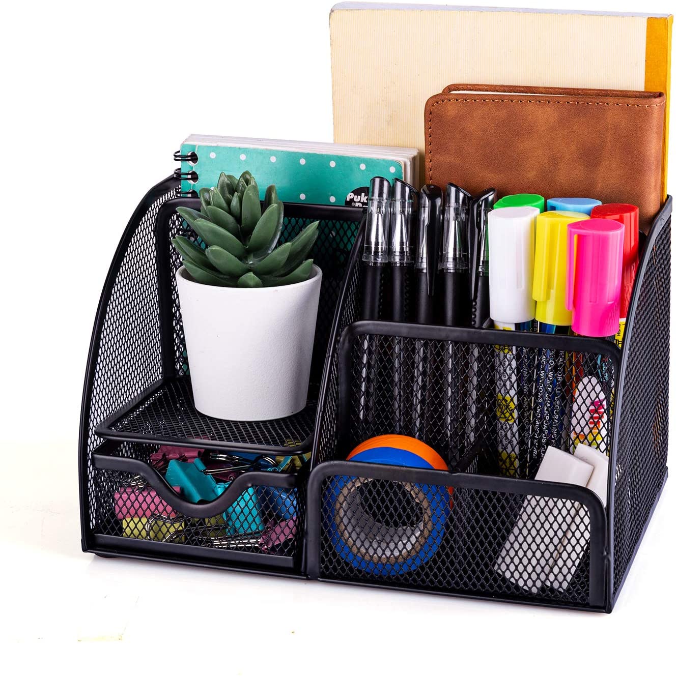 MDHAND Office Desk Organizer and Accessories, Mesh Desk Organizer with 6 Compartments + Drawer