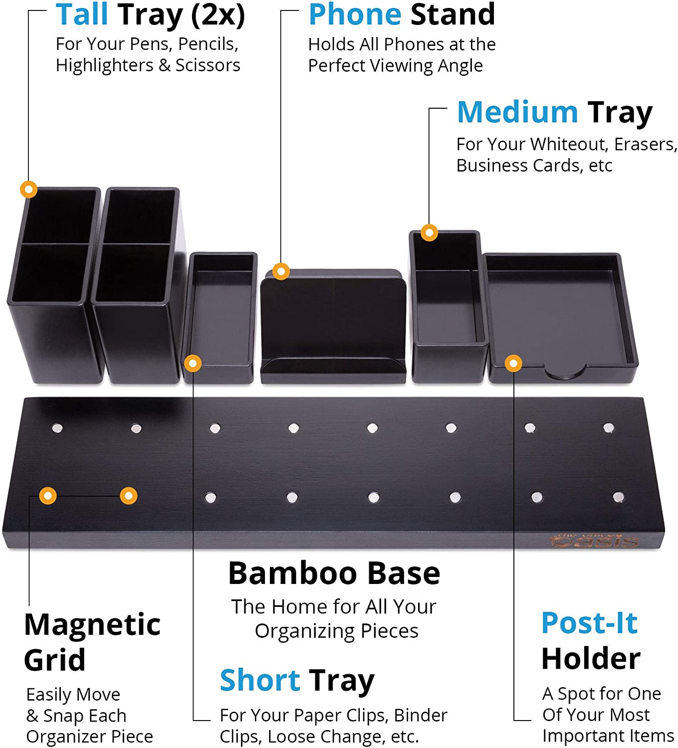 Desk Organizer with Adjustable Pen Holder, Pencil Cup, Phone Stand, Sticky Note Tray, Paperclip Storage, and Office Accessories Caddy, Desktop Organization for Cubicle or Home Office, Black