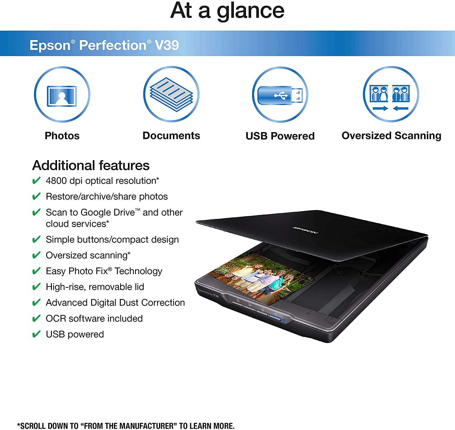 Epson Perfection V39 Color Photo & Document Scanner with Scan-To-Cloud & 4800 Optical Resolution,Black