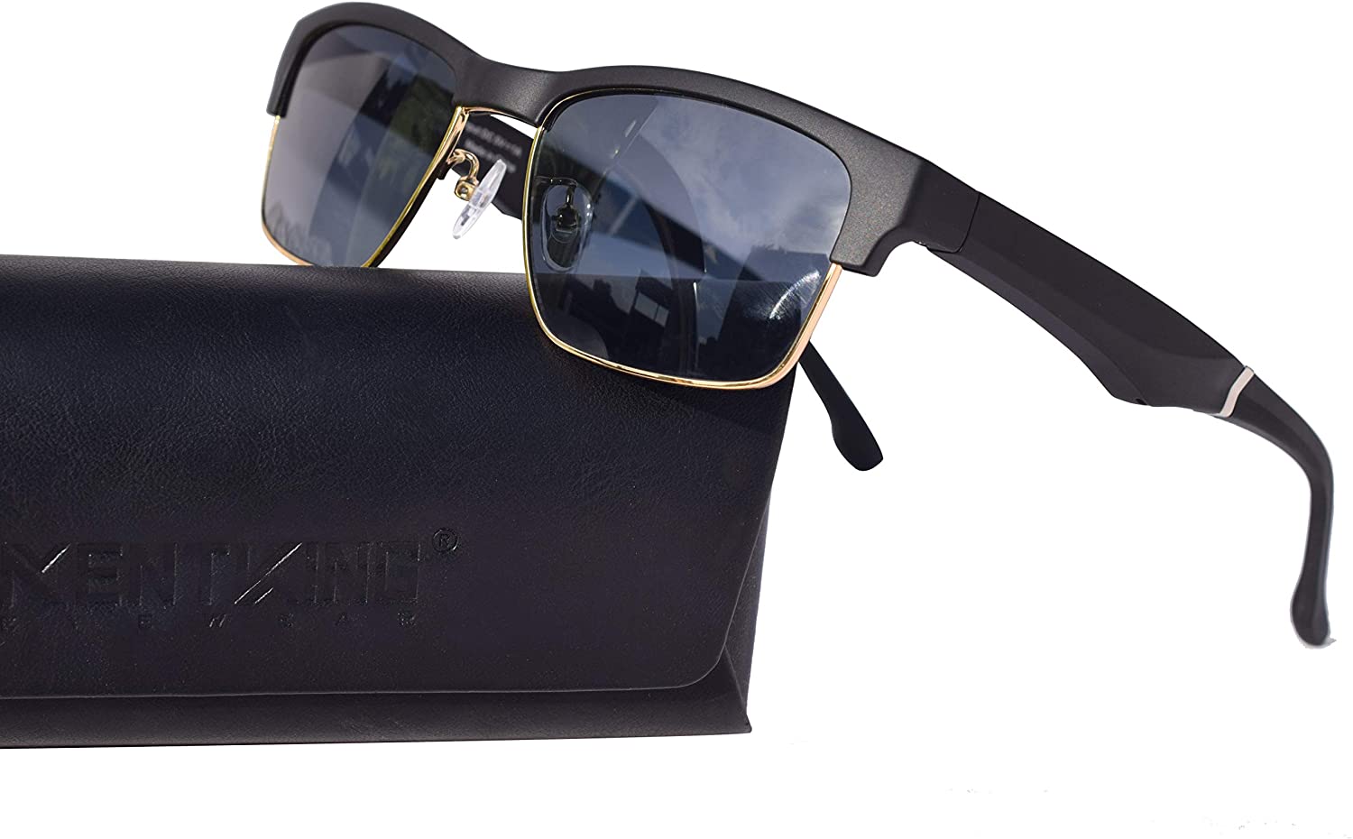 KENTKING Bluetooth Wireless Audio Sunglasses Open Ear Headset Listen Music & Hand-Free Calling with UV400 Polarized Lenses Unisex Compatible for All Smart Phones (Black Frame/Gold)