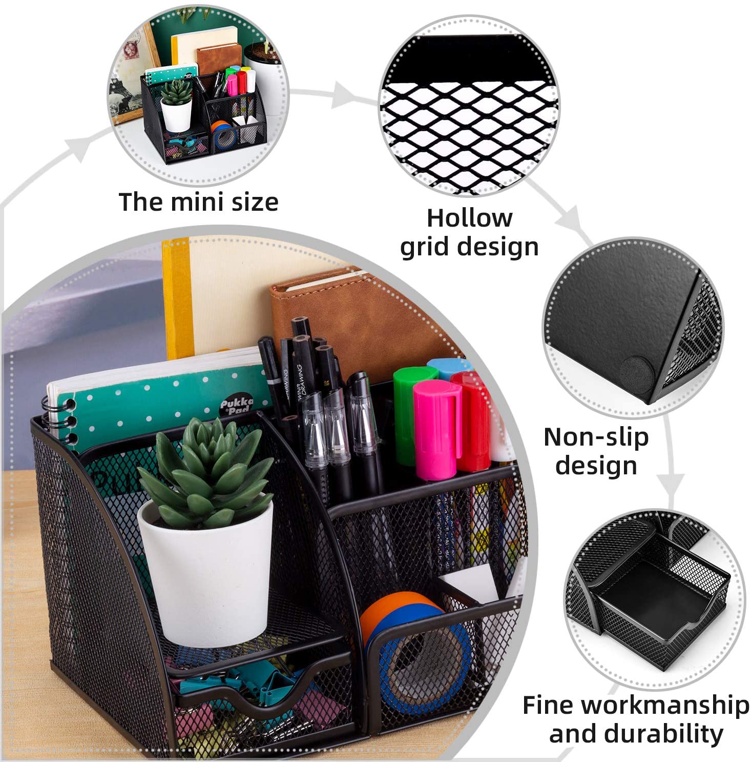MDHAND Office Desk Organizer and Accessories, Mesh Desk Organizer with 6 Compartments + Drawer