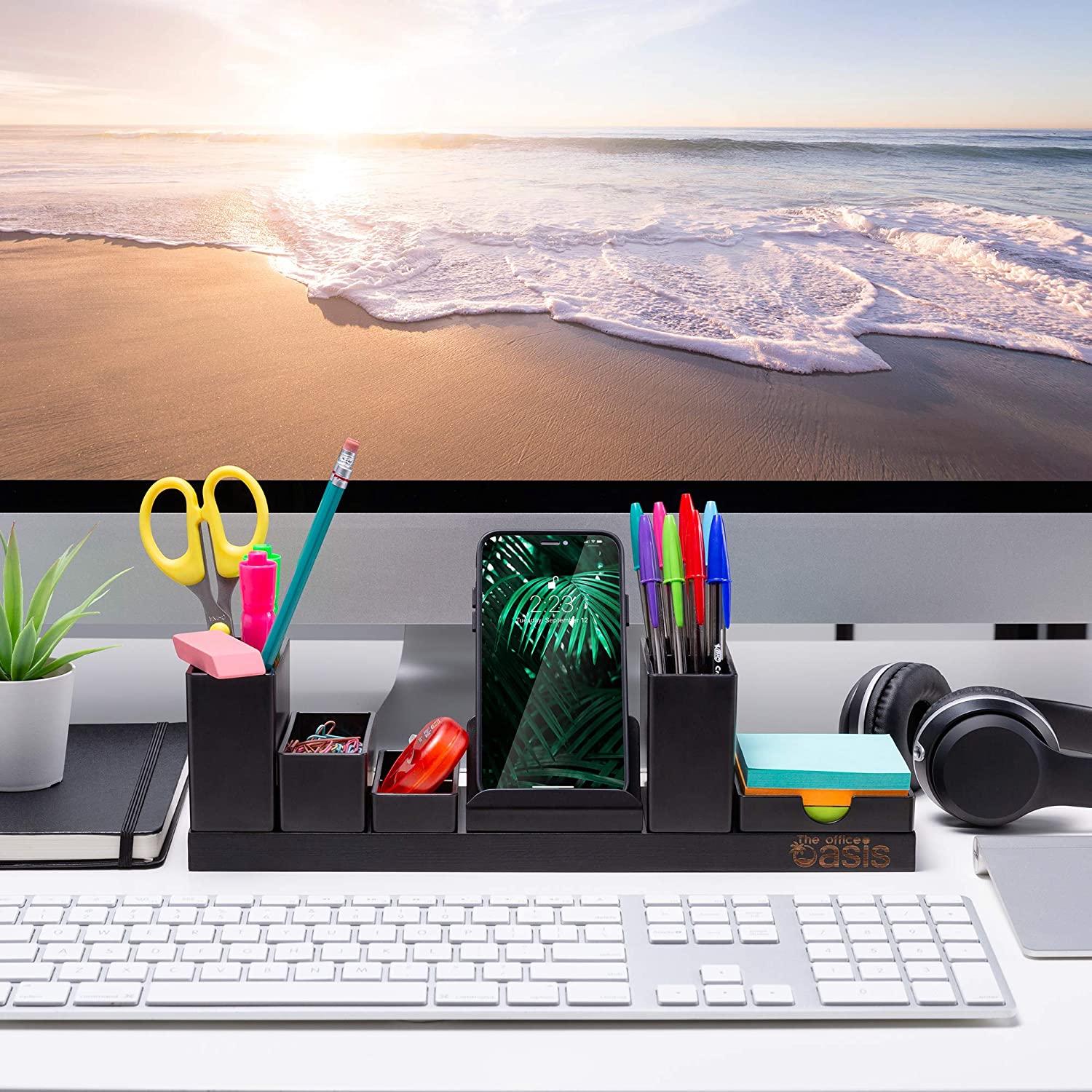 Desk Organizer with Adjustable Pen Holder, Pencil Cup, Phone Stand, Sticky Note Tray, Paperclip Storage, and Office Accessories Caddy, Desktop Organization for Cubicle or Home Office, Black