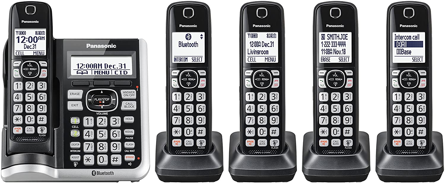 Panasonic Link2Cell Bluetooth Cordless Phone System with Voice Assistant, Call Blocking and Answering Machine. DECT 6.0 Expandable Cordless System - 5 Handsets - KX-TGF575S (Silver)