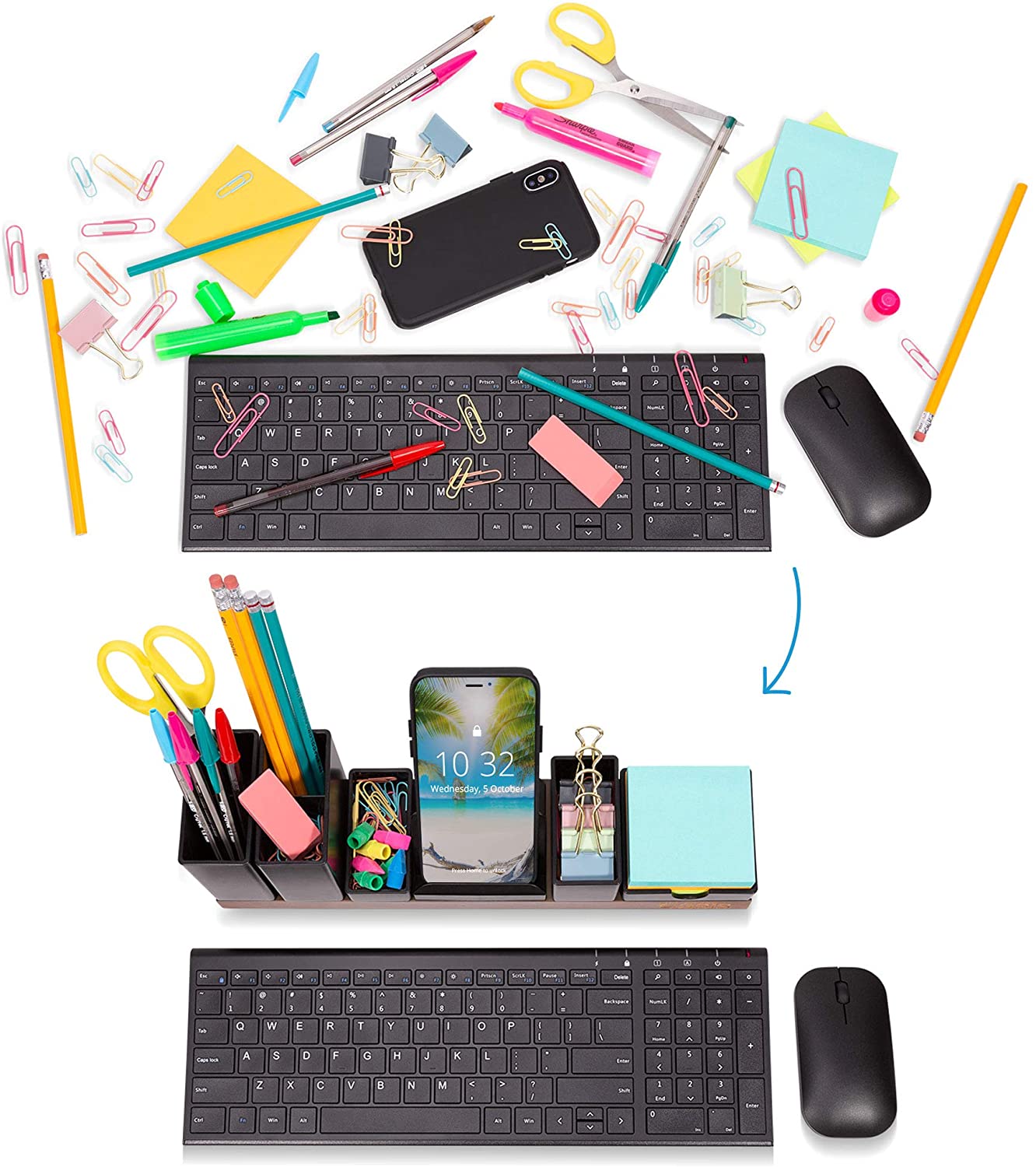 Desk Organizer with Adjustable Pen Holder, Pencil Cup, Phone Stand, Sticky Note Tray, Paperclip Storage, and Office Accessories Caddy, Desktop Organization for Cubicle or Home Office, Black