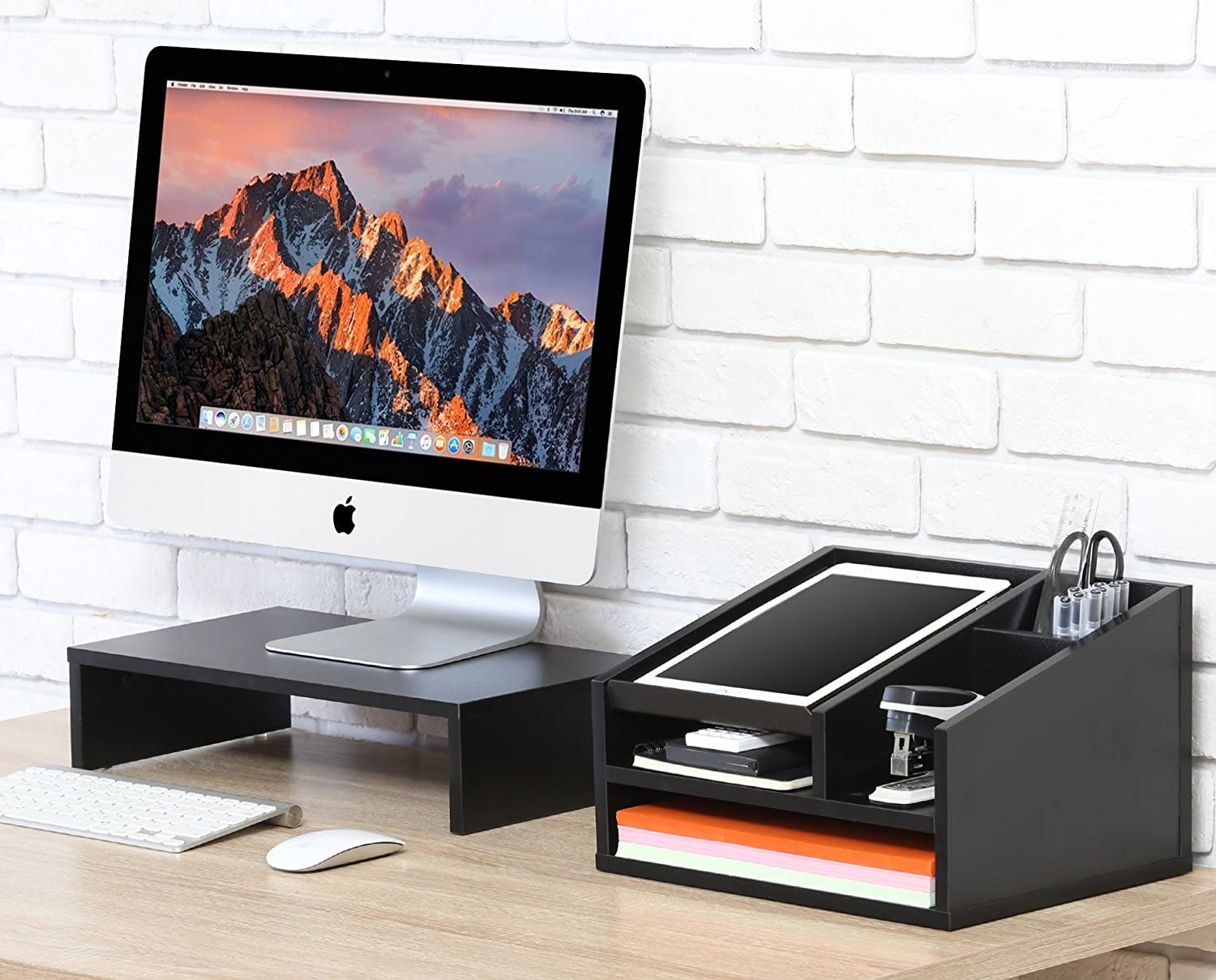 FITUEYES Wood Office Suppies Desk Organizer 5 Compartments with Letter Tray Phone Stand Pen Pencil Holder