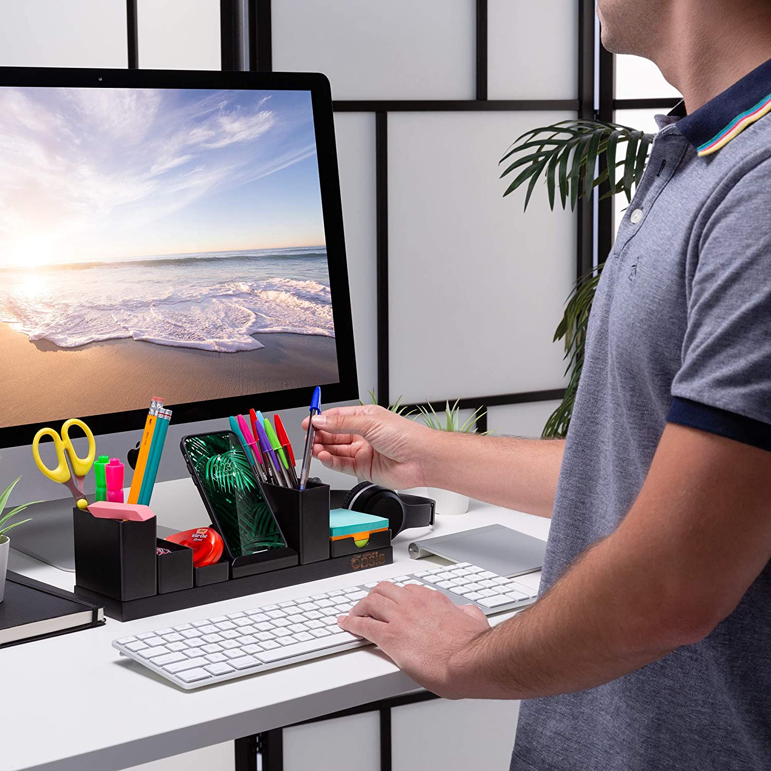 Desk Organizer with Adjustable Pen Holder, Pencil Cup, Phone Stand, Sticky Note Tray, Paperclip Storage, and Office Accessories Caddy, Desktop Organization for Cubicle or Home Office, Black