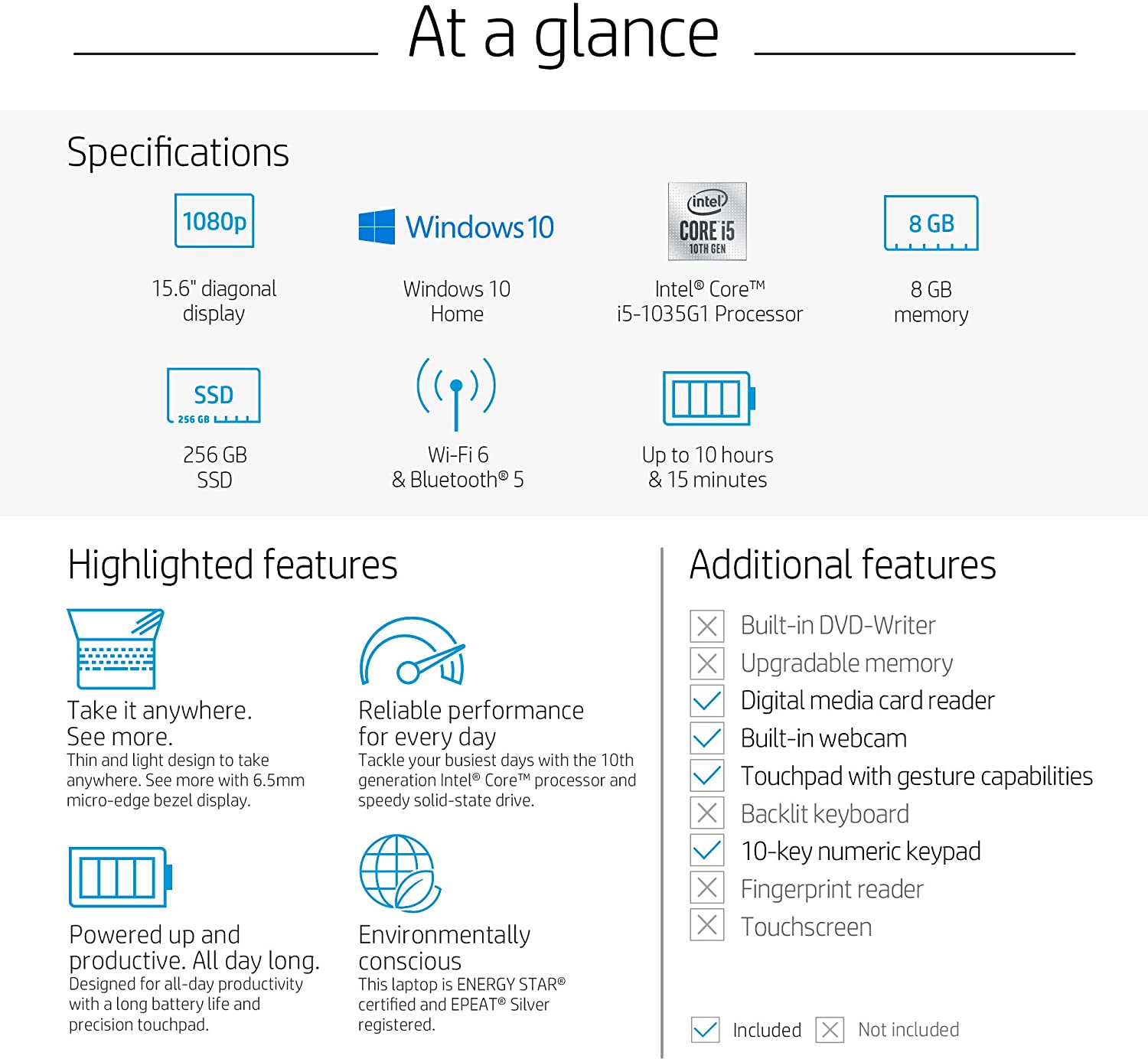 HP 15-Inch FHD Laptop, 10th Gen Intel Core i5-1035G1, 8 GB RAM, 256 GB Solid-State Drive, Windows 10 Home (15-dy1036nr, Natural Silver)