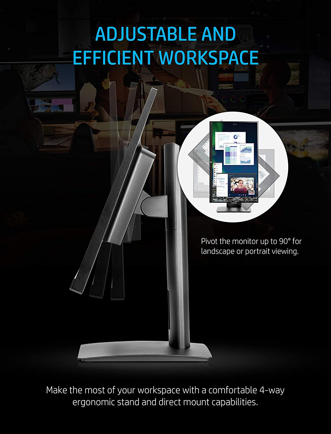 HP VH240a 23.8-inch Full HD 1080p IPS LED Monitor with Built-in Speakers and VESA Mounting, Rotating Portrait & Landscape, Tilt, and HDMI & VGA Ports (1KL30AA) - Black