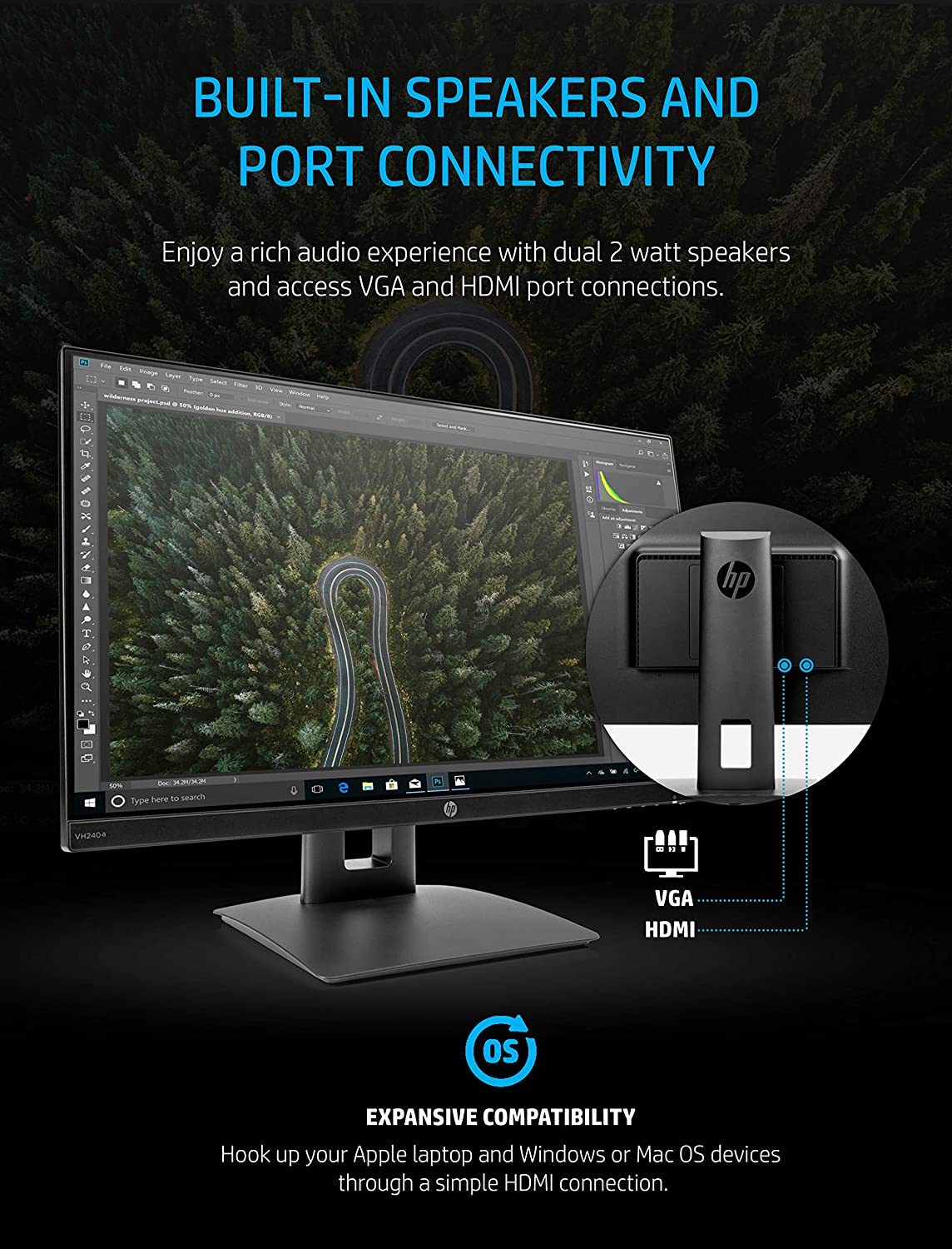 HP VH240a 23.8-inch Full HD 1080p IPS LED Monitor with Built-in Speakers and VESA Mounting, Rotating Portrait & Landscape, Tilt, and HDMI & VGA Ports (1KL30AA) - Black