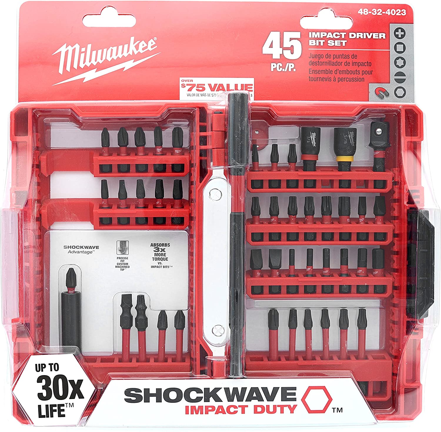 Milwaukee 48-32-4023 Shockwave Impact Duty 45 Piece Heavy Duty Driver Bit Set w/Hex, Phillips, Square, and Slotted Bits