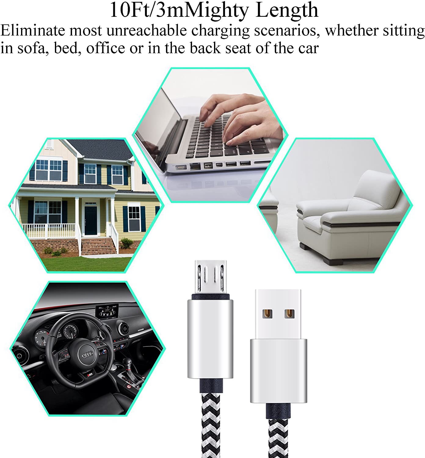 Micro USB Cable 10ft 3Pack by Ailun High Speed 2.0 USB A Male to Micro USB Sync Charging Nylon Braided Cable for Android Phone Charger Cable Tablets Wall and Car Charger Connection Silver&Blackwhite