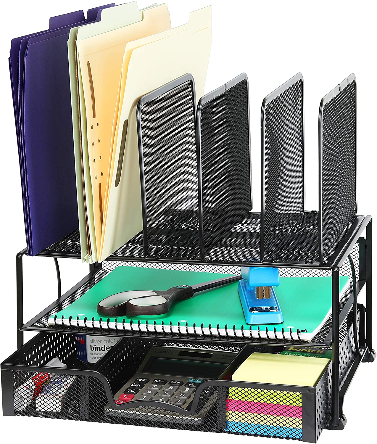 SimpleHouseware Mesh Desk Organizer with Sliding Drawer, Double Tray and 5 Upright Sections, Black