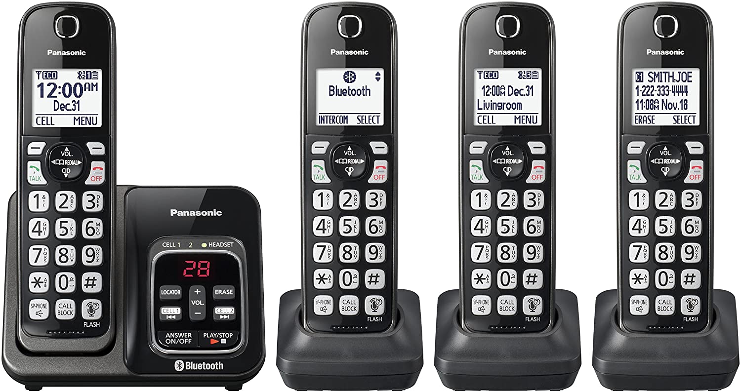 PANASONIC Expandable Cordless Phone System with Link2Cell Bluetooth, Voice Assistant, Answering Machine and Call Blocking - 4 Cordless Handsets - KX-TGD564M (Metallic Black)