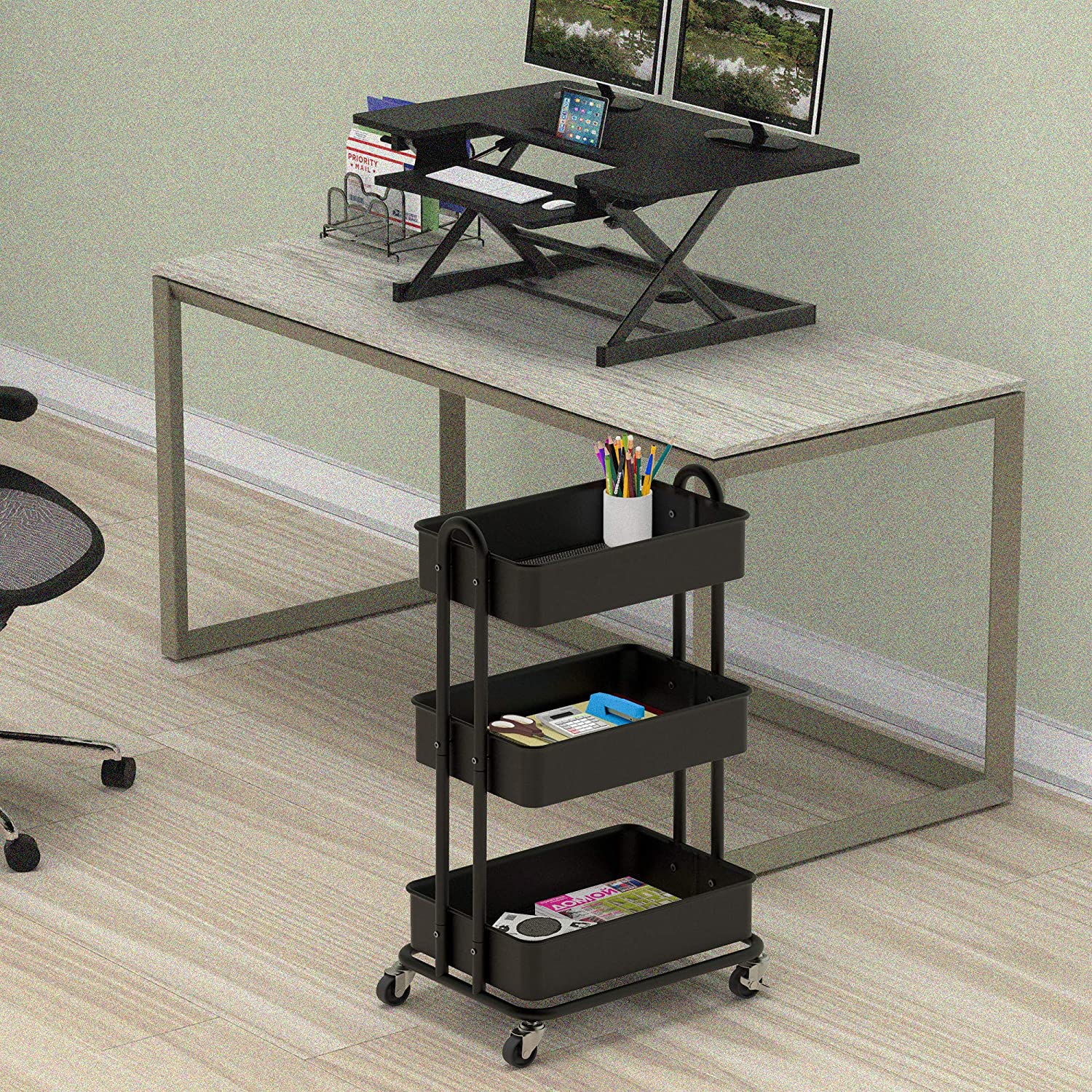 SimpleHouseware Heavy Duty 3-Tier Metal Utility Rolling Cart, Black