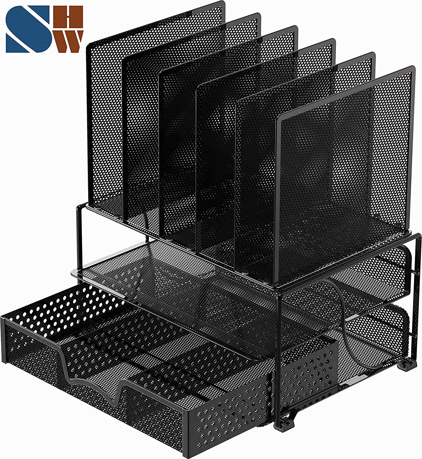 SimpleHouseware Mesh Desk Organizer with Sliding Drawer, Double Tray and 5 Upright Sections, Black